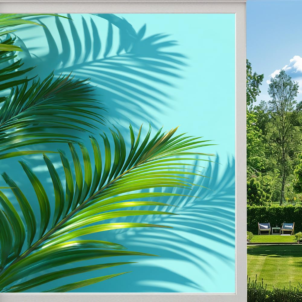 Natural Palm Leaves Frosted Window Film, Watercolor Leaf Green Stained Glass Privacy Film, Heat Insulation Self-Adhesive Vinyl for Bathroom Office, （45x100cm）