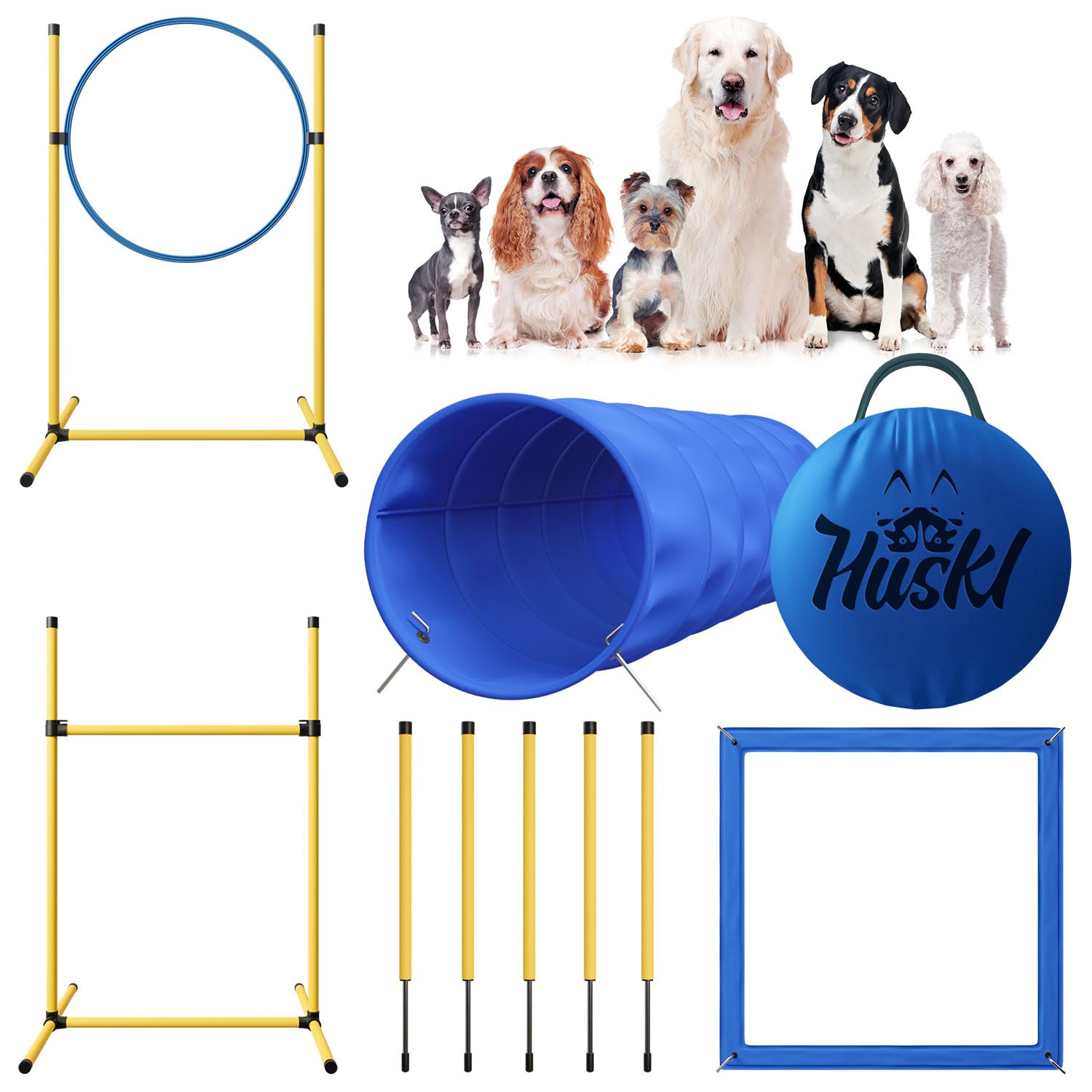 Huskl Juego de agilidad para perros pequeños y grandes, accesorios de entrenamiento para perros, túnel, 5 barras de agilidad, barra de valores, anillo de agilidad y caja de descanso para el empleo de