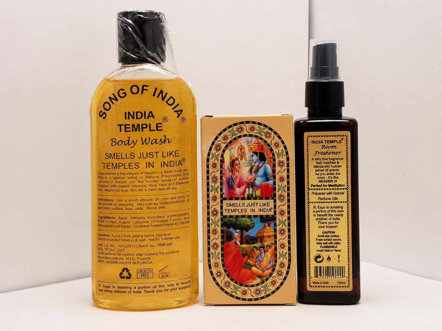 Song of India India Temple Aromatherapy Gift Set 3 Pack– Body Wash 6.76 oz, Room Freshener Spray 3.38 oz & 12 Backflow Incense Cones image 4