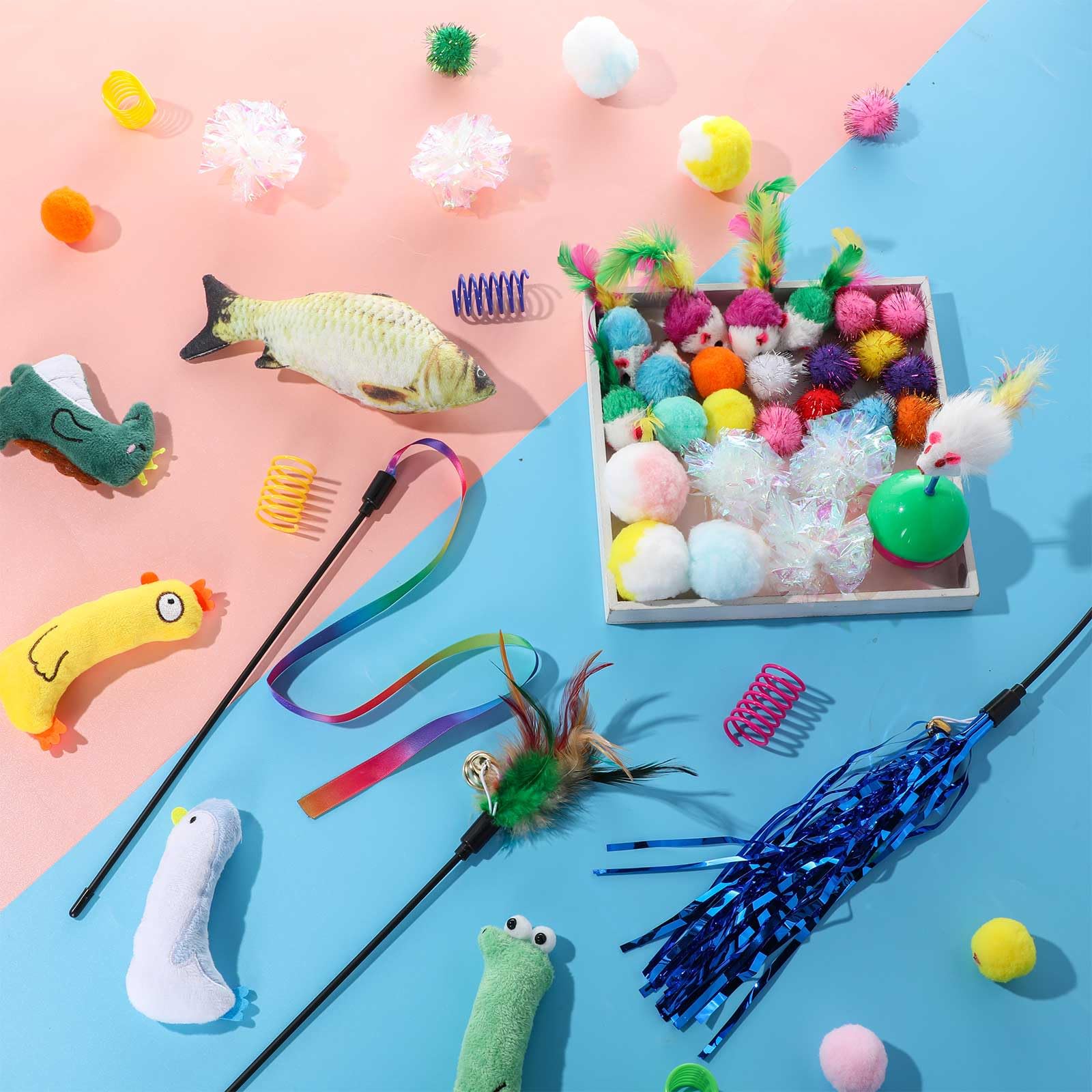 Shappy El juego de 150 juguetes para gatos incluye 40 resortes coloridos, 30 juguetes de ratones, 30 bolas brillantes interactivas, 24 bolas de felpa silenciosas, 10 bolas arrugadas, 9 varitas para