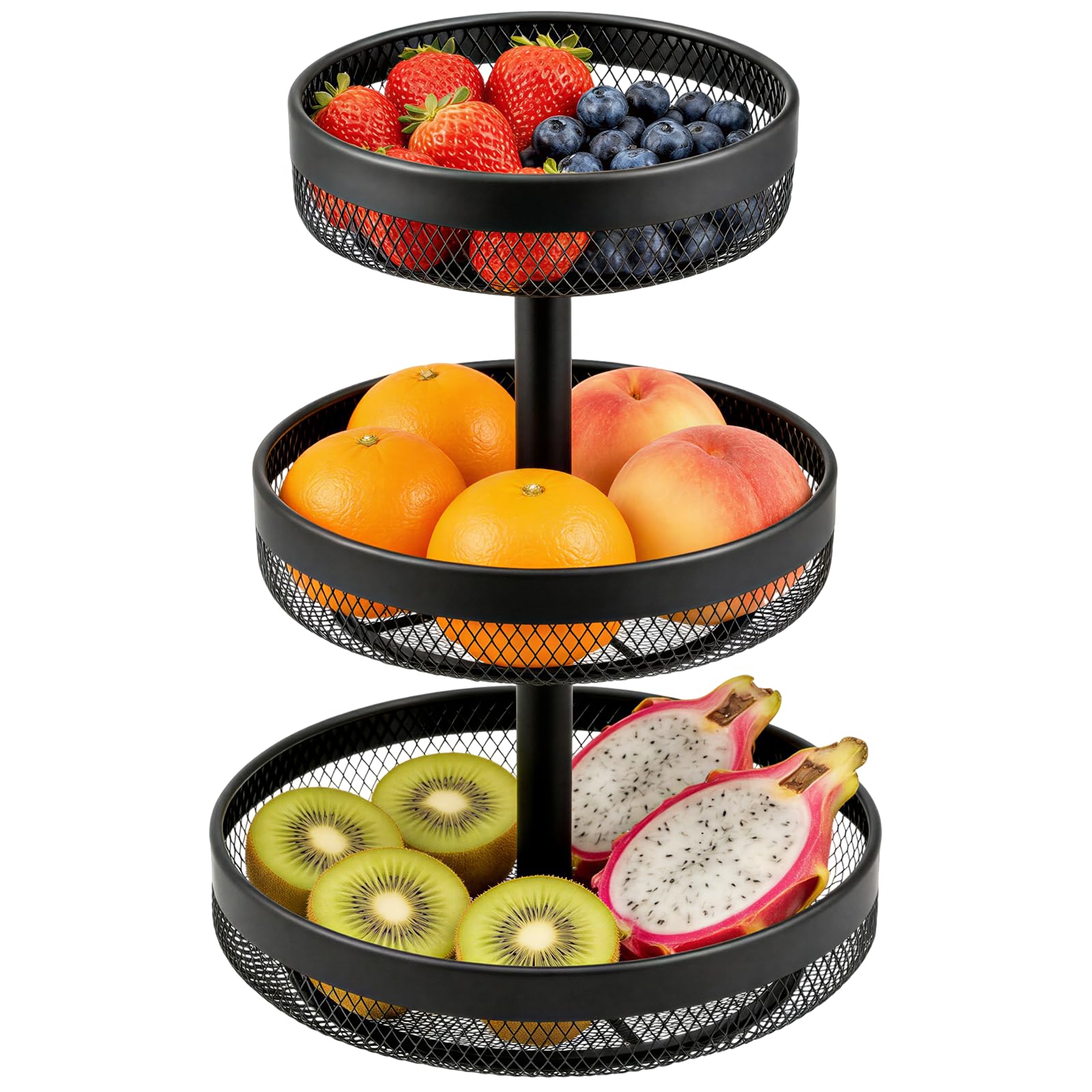 Dreistöckiges rundes Obst- und Brotregal, auch als Kuchenständer oder Tortenständer geeignet, aus schwarzem Metall.