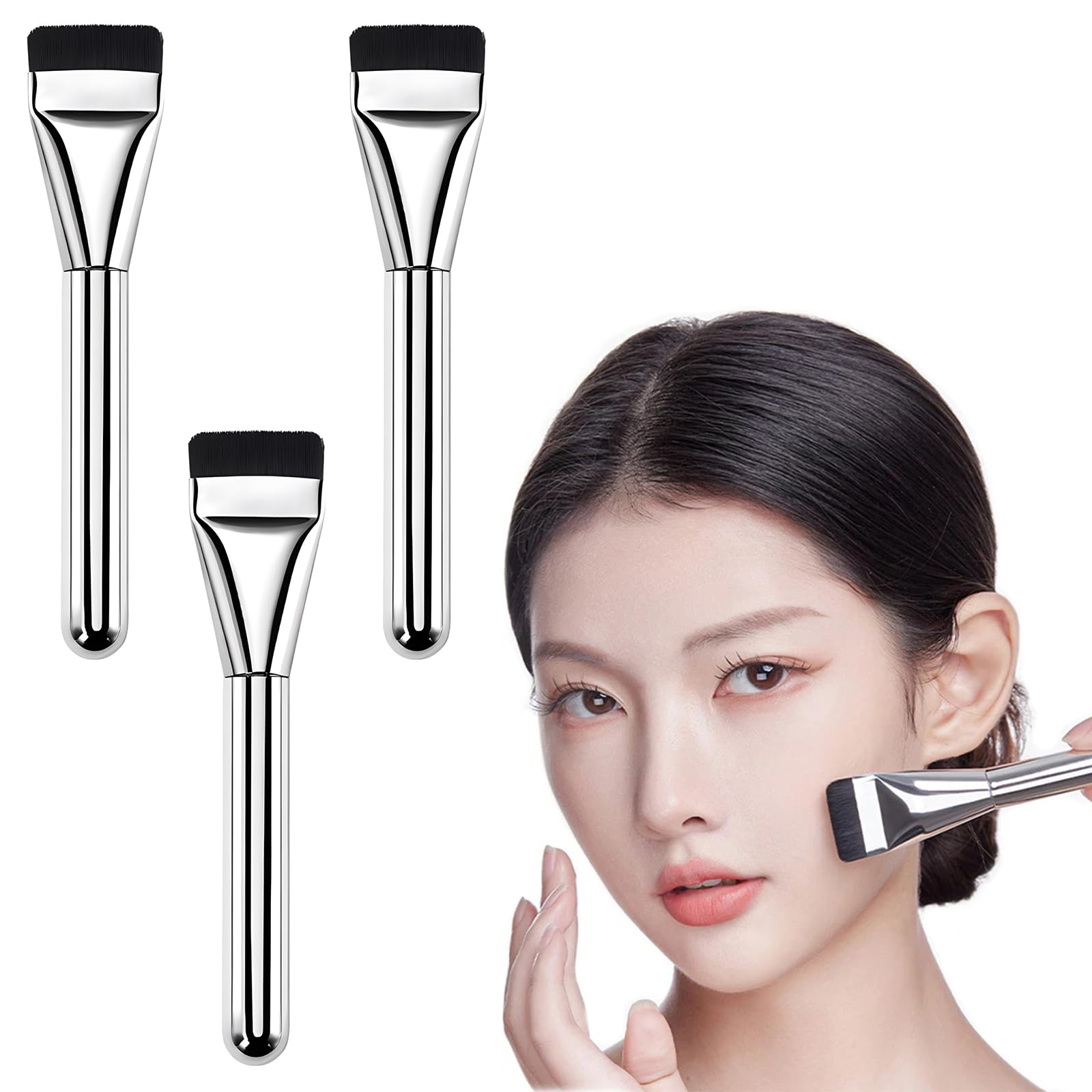RICISUNG ファンデーションブラシ 平型 3本入 メイクブラシ 平らな形状 薄い 極細 ミニブラシ メイク 化粧ブラシ チークブラシ 高級繊維毛 リキッドファンデー向け ツヤ肌 持ち運び便利 柔らか 肌に優しい 化粧筆