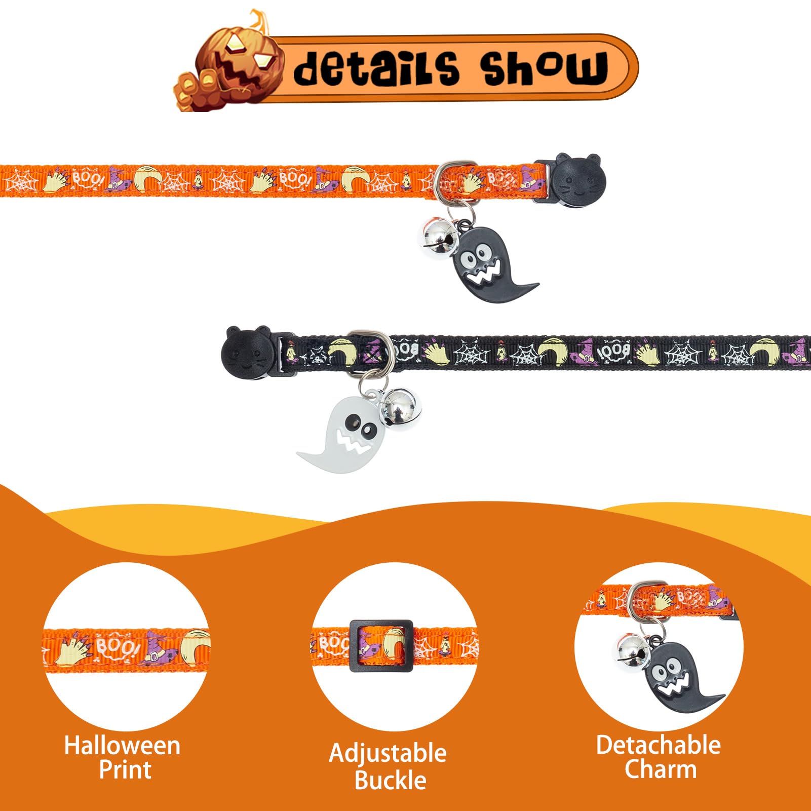 EXPAWLORER Katzenhalsband-Set im Halloween-Stil, leuchtend, verstellbar, mit süßem Geister-Zubehör, langlebiges Halsband mit sicherer Schnalle für Katzen, Kätzchen und kleine Welpen, 2 Stück