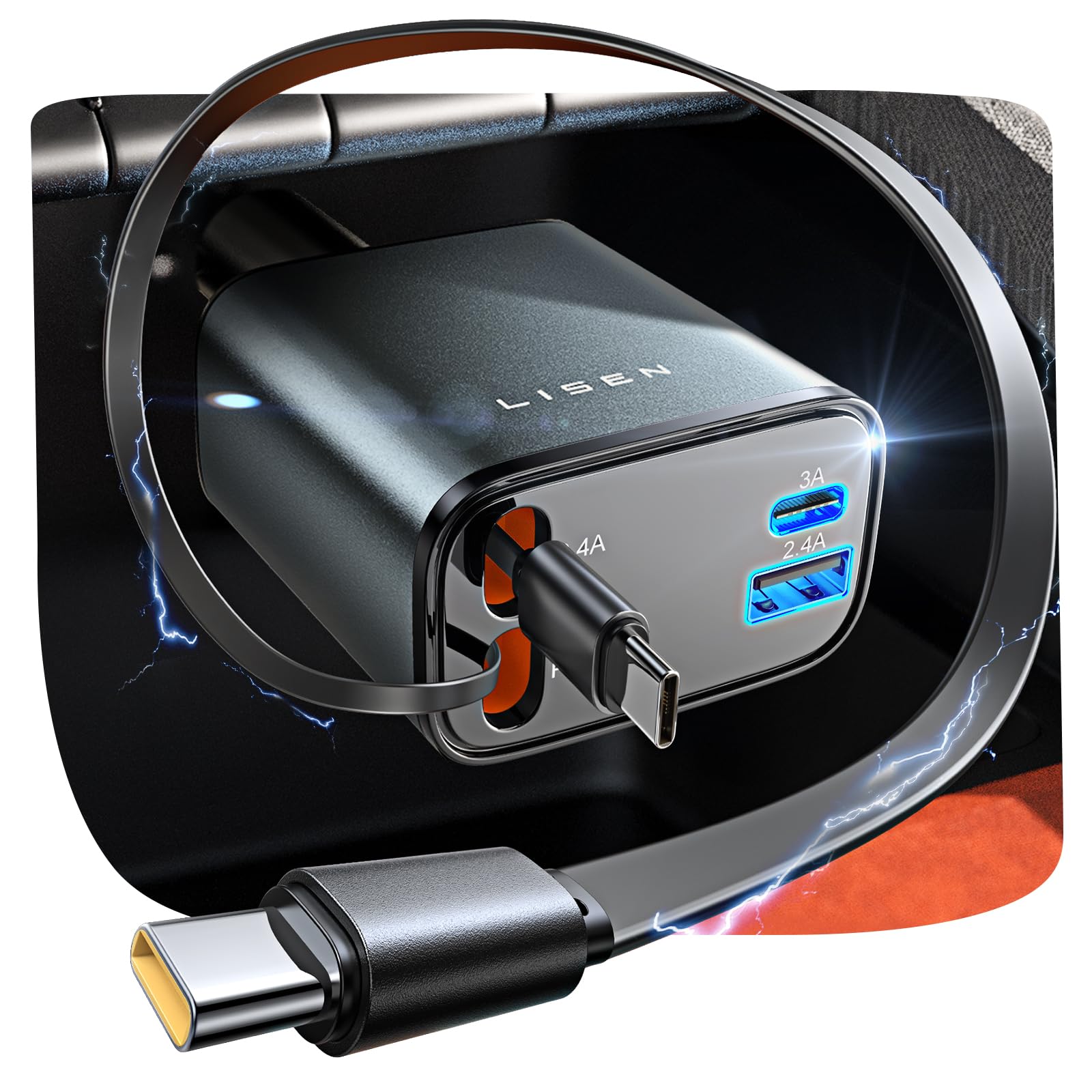 LISEN Retractable Car Charger USB C [Upgraded Dual Type C] 69W Fast 4 in 1 Car Charger for iPhone 17, Valentines Day Gifts for Him Her Men Women, Car Accessories for Galaxy S25 Phone 17 Pro Max 16 15