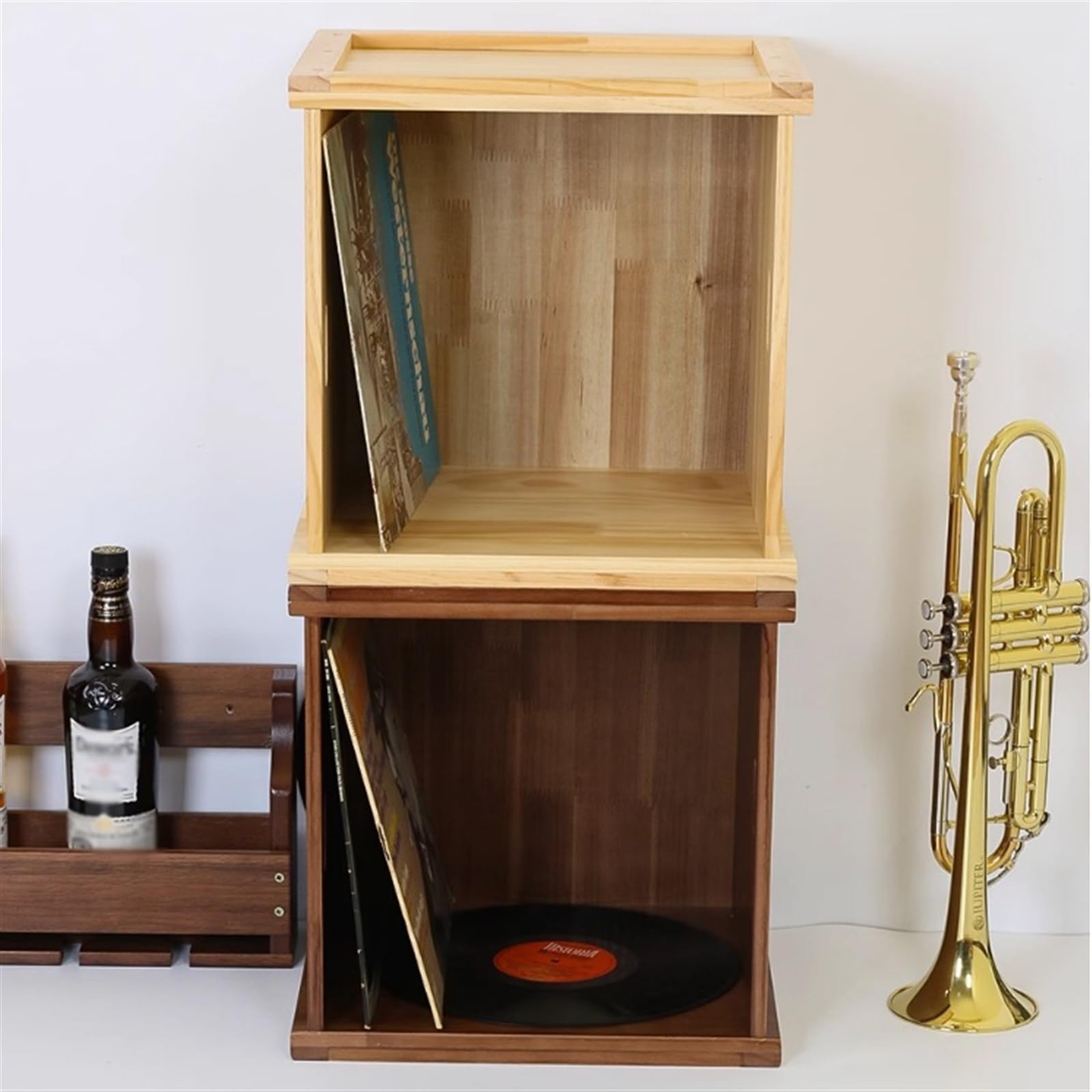 Custodia per CD Scatola portadischi for dischi in vinile, cassa for in legno con manico - Porta album e organizer in pino da tavolo, custodia impilabile for Portadischi(Natural)