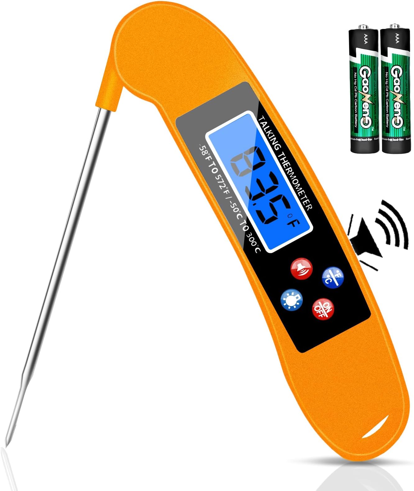 Digital Talking Thermometer for The Blind, Orange Waterproof Instant Read Food Thermometer with Talking Function and Backlight, Meat Thermometer with Probe for Cooking and Grilling, and More