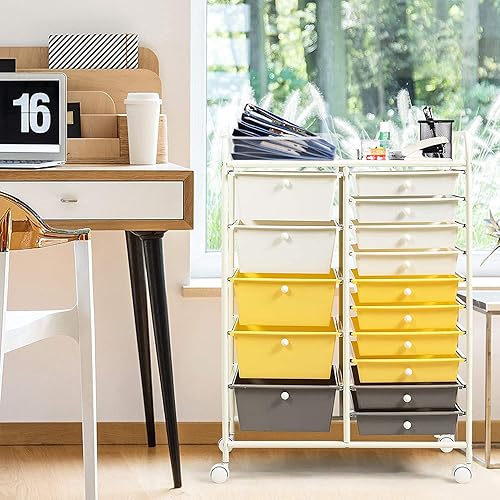 Miniatura 2 de Topment - Cajas de plástico con 15 cajones, organizador rodante, herramientas de almacenamiento, papel multiusos (amarillo)