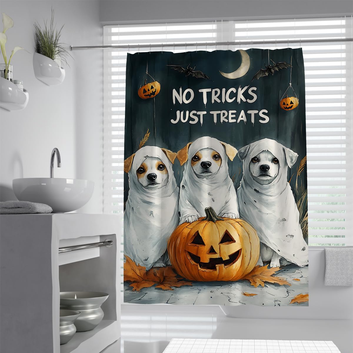 Dekoracja na Halloween, zasłona prysznicowa, słodki pies, duch, dynia, zabawa, świąteczna zasłona kąpielowa, poliester, nadaje się do prania, zasłona prysznicowa z haczykiem, 180 x 200 cm