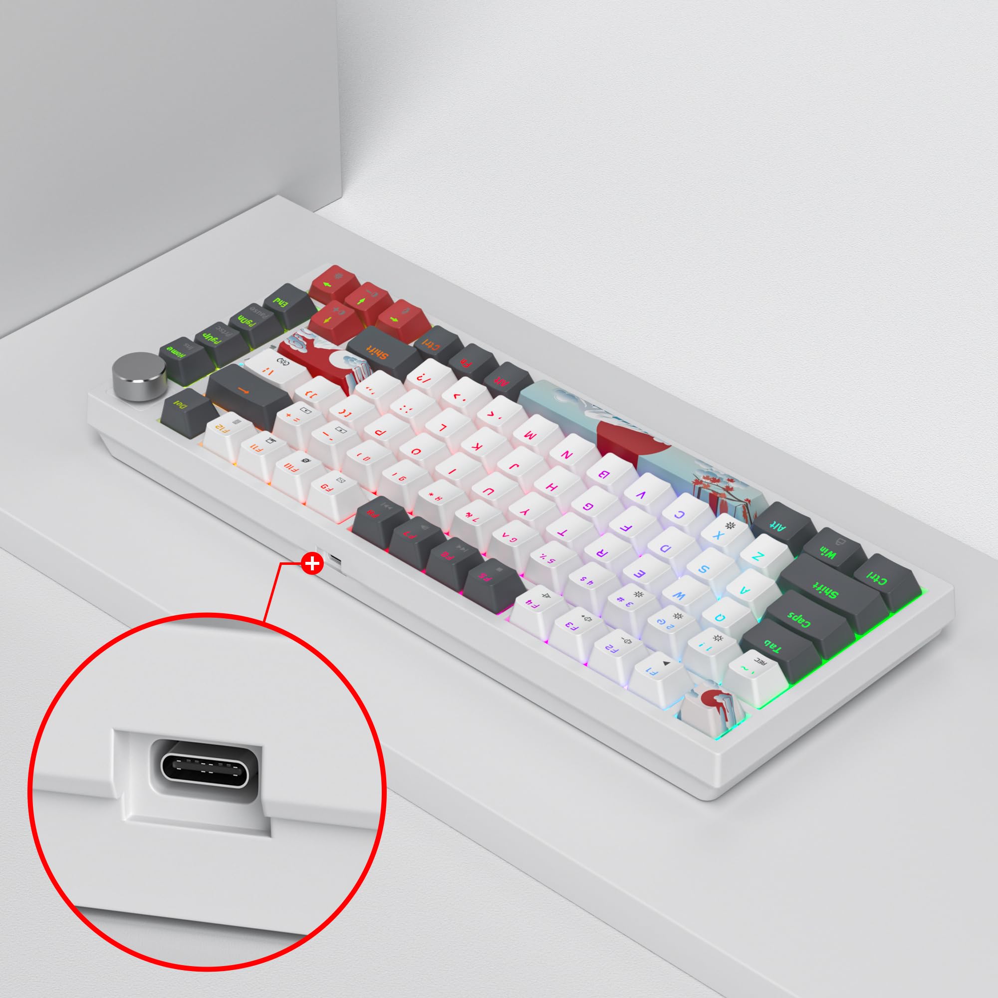 SOLIDEE Przewodowa klawiatura mechaniczna do gier 75% Hot Swappable,Gasket klawisze Red Switch z podświetleniem RGB,82 klawisze TKL klawiatury mechanicznej z pokrętłem sterującym(82 Grey_White)