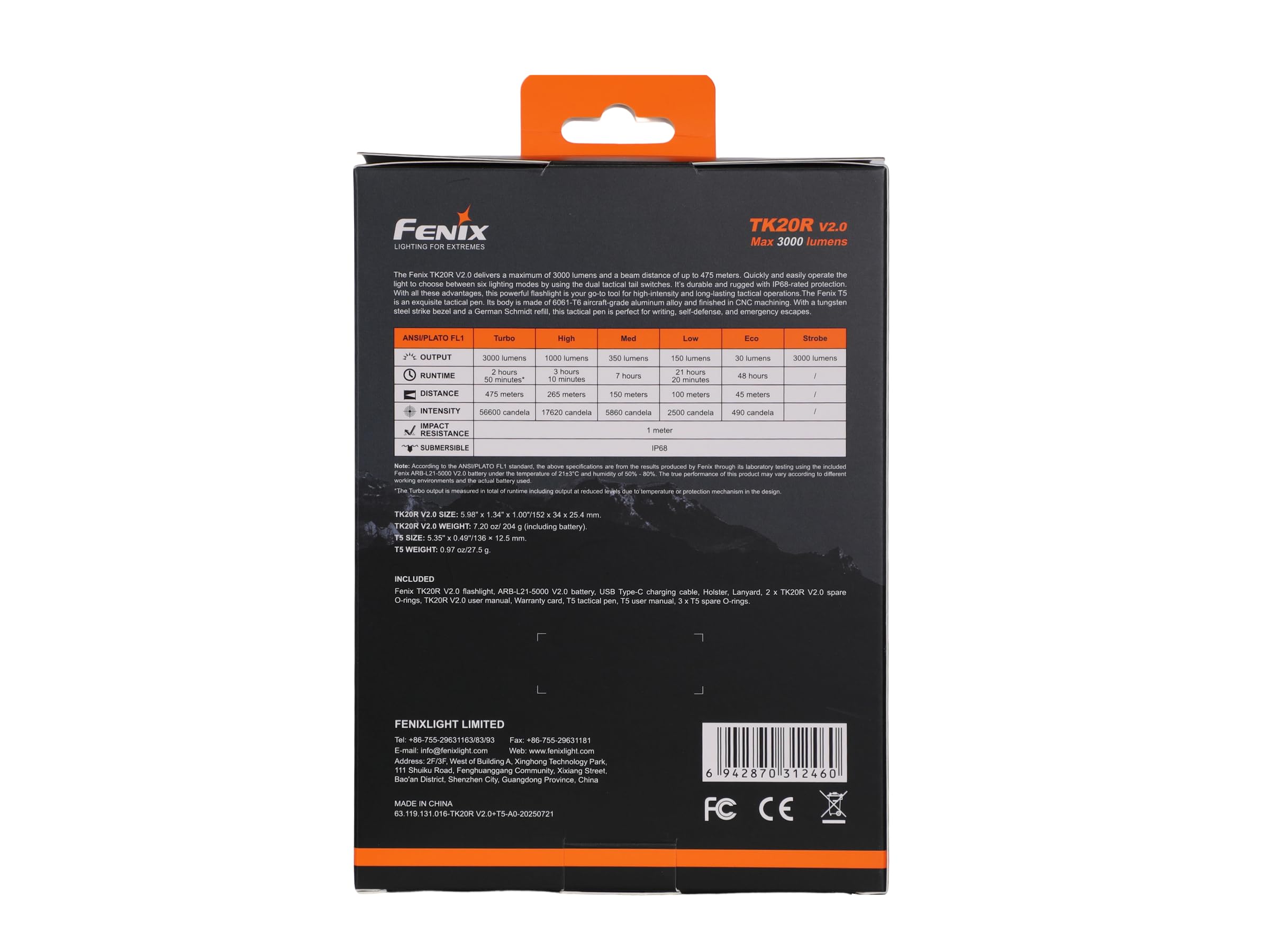 FENIX TK20R V2.0 + T5 – Lampe Tactique Rechargeable 3000 Lumens – Portée 475m, IP68, Batterie 5000mAh, USB-C