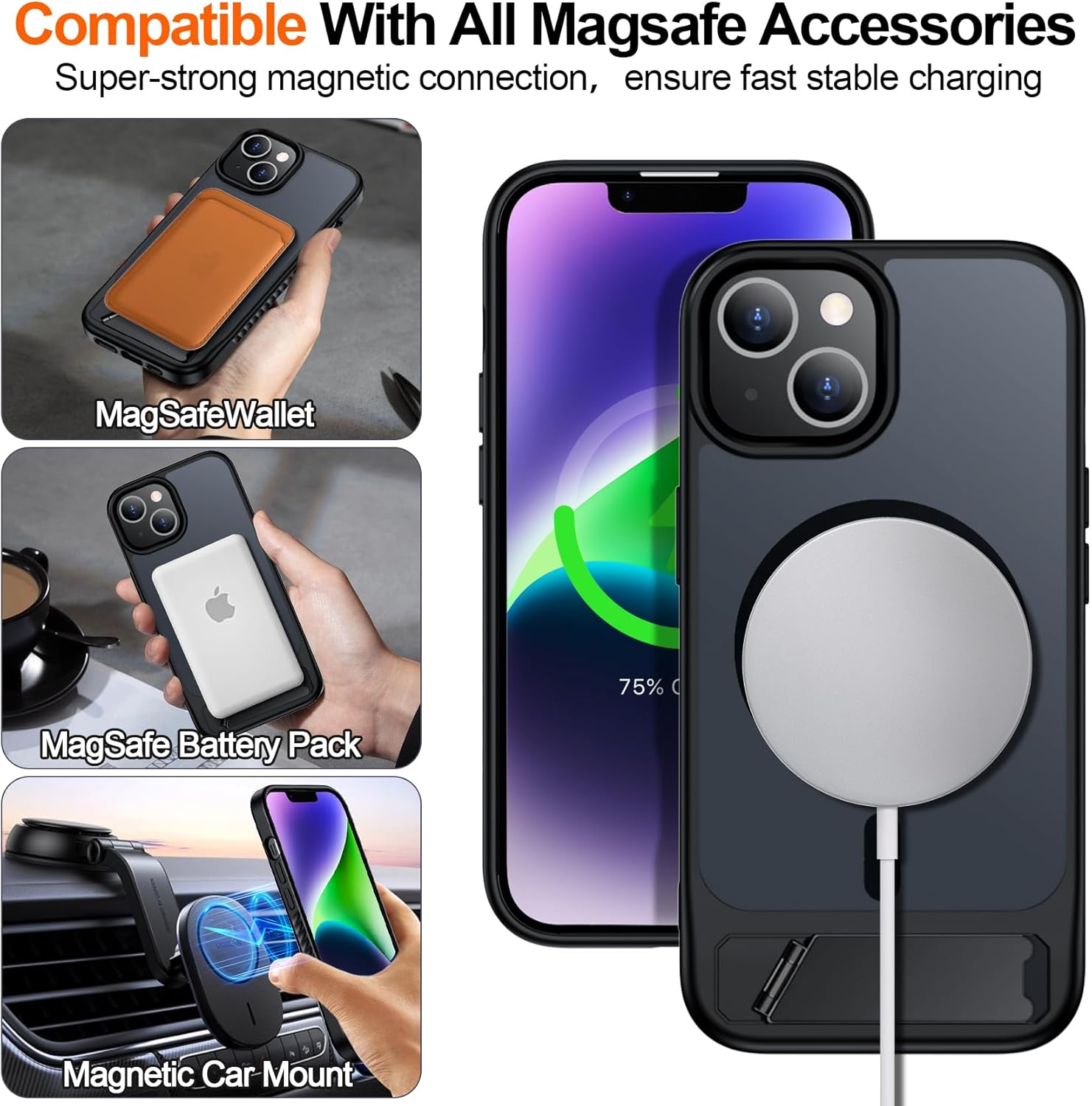 for iPhone 14 Plus Case with Kickstand,[Compatible with Magsafe] Slim Translucent Matte Military-Grade Protection & Anti-Yellowing,Magnetic Phone Case for iPhone 14 Plus,Black - Image 4