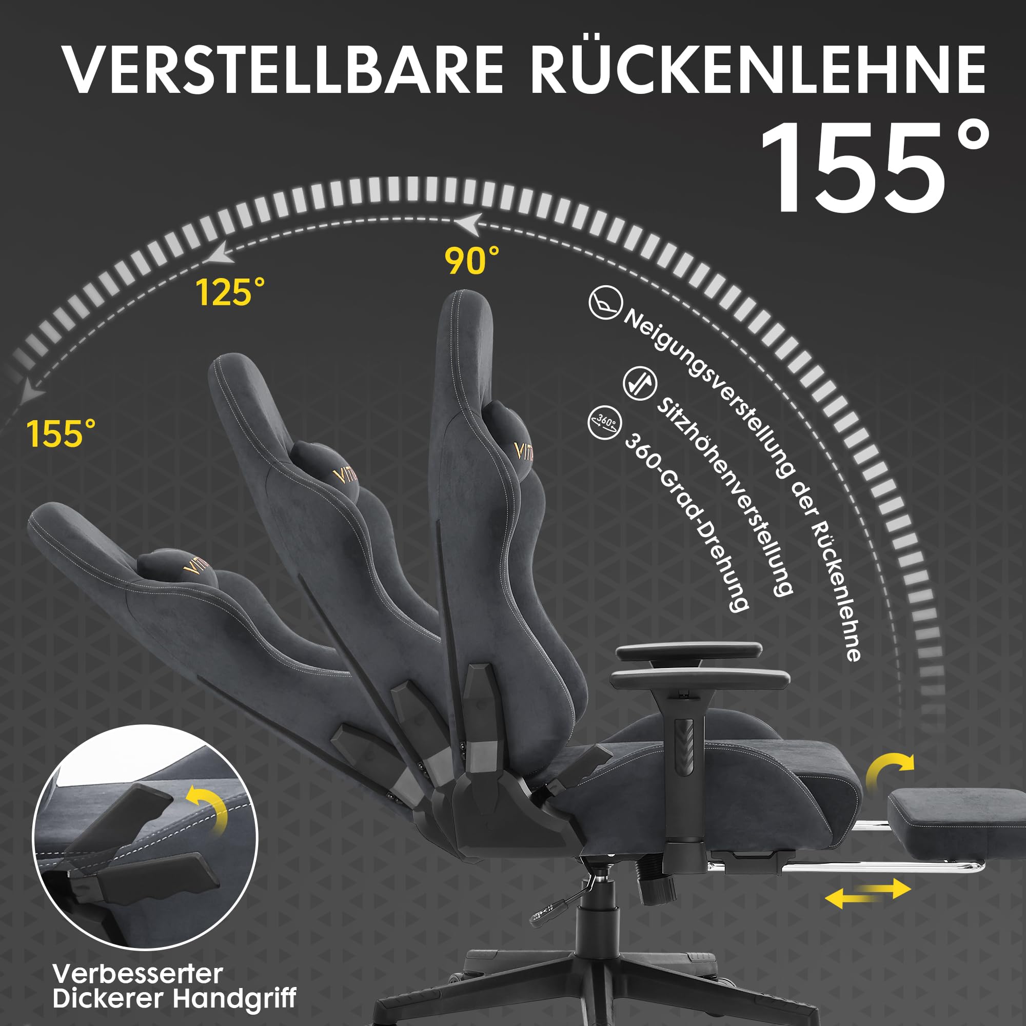Vittanly Gaming Stuhl, Luxuriöser Wildlederimitat Gaming Chair Bürostuhl, Ergonomischer Schreibtischstuhl mit Fußstütze Kopfstütze und Lendenkissen, 3D Armlehnen, 90-155° Rückenlehne, Grau