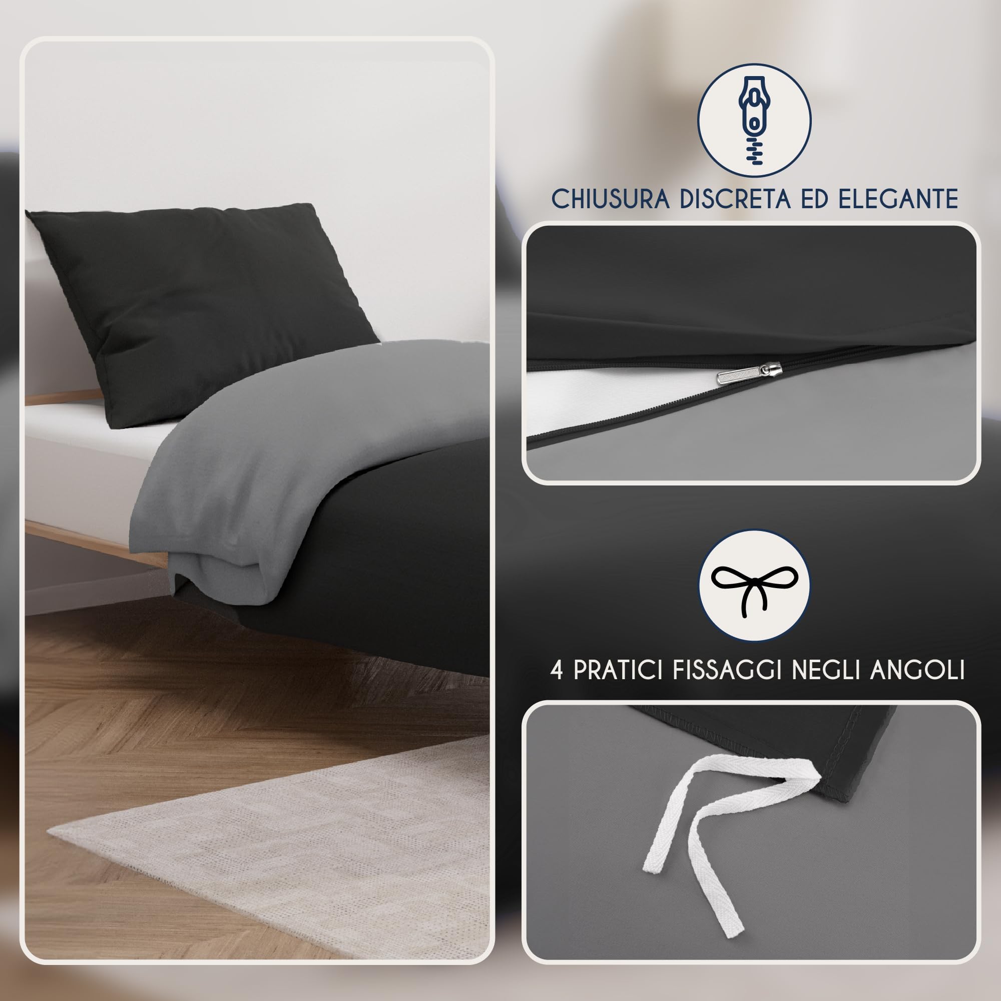 Dreamzie Copripiumino Singolo 135x200 cm con 1 Federe 50x70 cm - Nero/Grigio Scuro Set Copripiumino Singolo 135 x 200