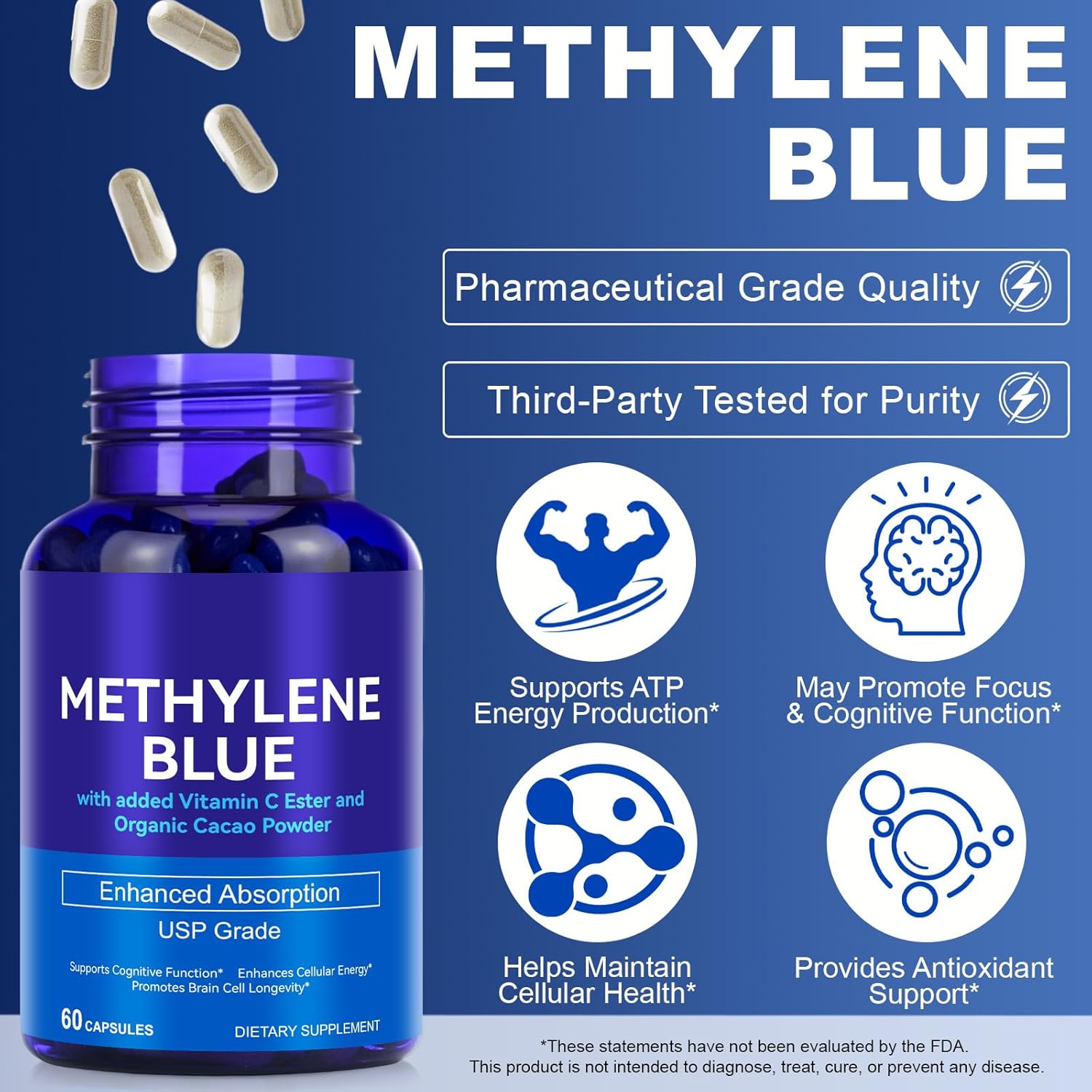 Methylene Blue Capsules, USP Grade Capsule Form Methylene Blue 12 Mg for Human with Added Vitamin C Ester- Supports Cognitive Function & Enhances Absorption, 60 Capsules - Image 4