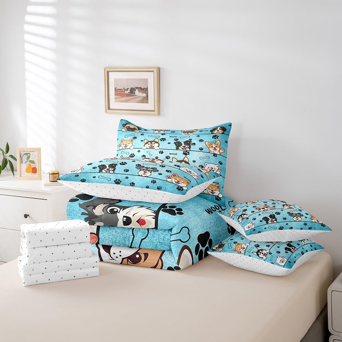 Manfei Cute Dog 7 Pieces Queen Size Comforter Set,Cartoon Puppy Pet Animals Bedding Set for Kids Teens Adults,Black Paw Print Blue(Comforter+Fitted+Flat Sheet+2 Pillowcases+2 Throw Pillow Covers)