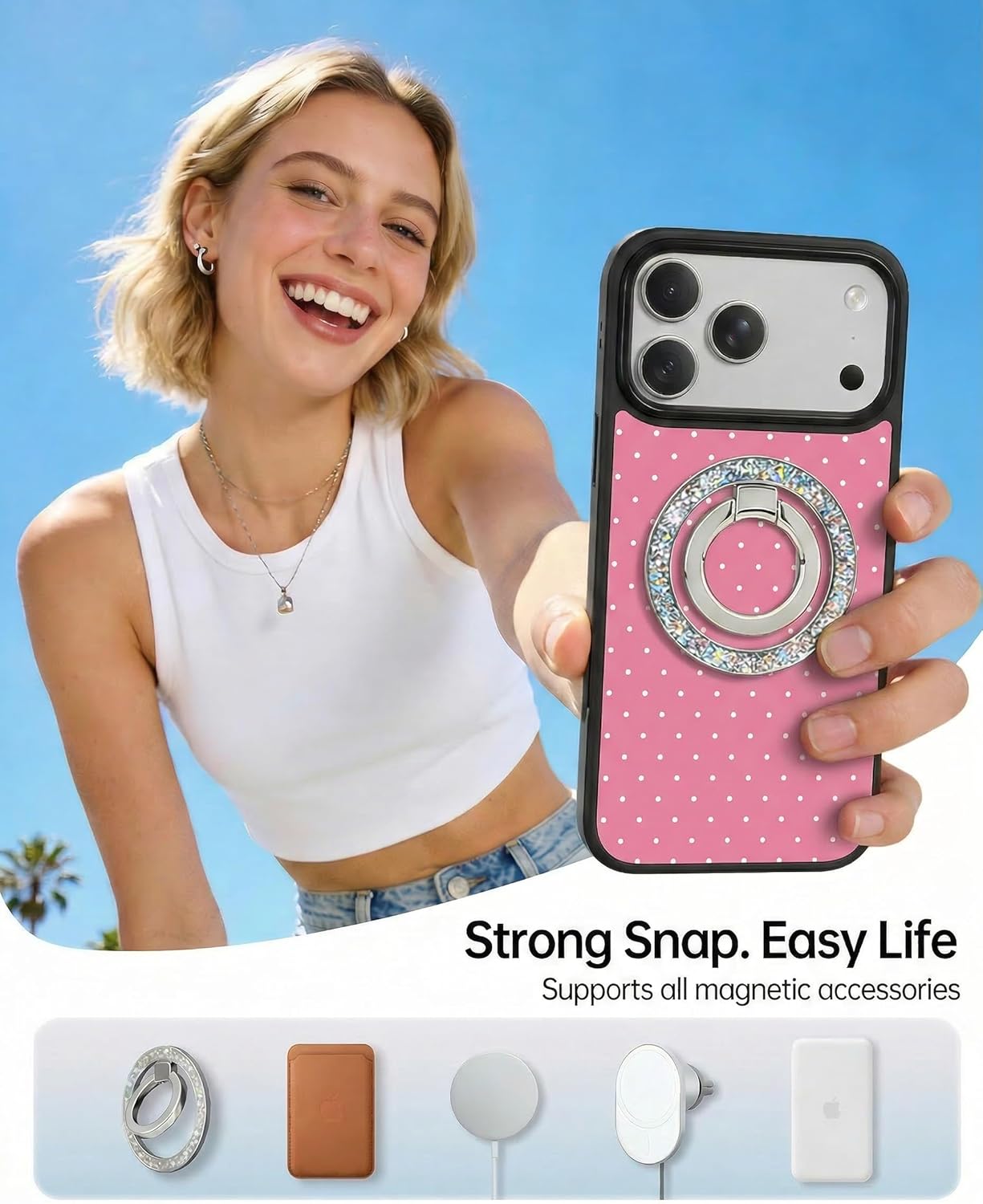 Magnetic Case for iPhone 17, Cute Aesthetic Case with Polka Dots for Women Men Girls, Compatible with MagSafe Slim Hard Shockproof Phone Case, Pink