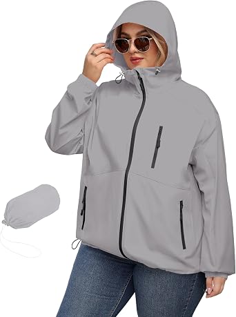 Avoogue Plus Size Womens Rain Jacket with Hood Waterproof Raincoats Lightweight Packable Outdoor Trench Coat XL-5XL