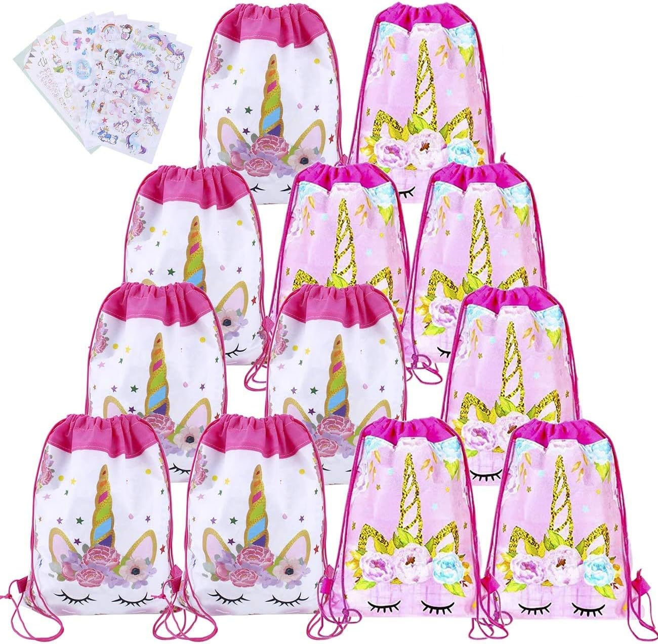 12 Pack Unicorn Drawstring Party Bags With Stickers, Backpacks Party Favor Supplies for Birthday