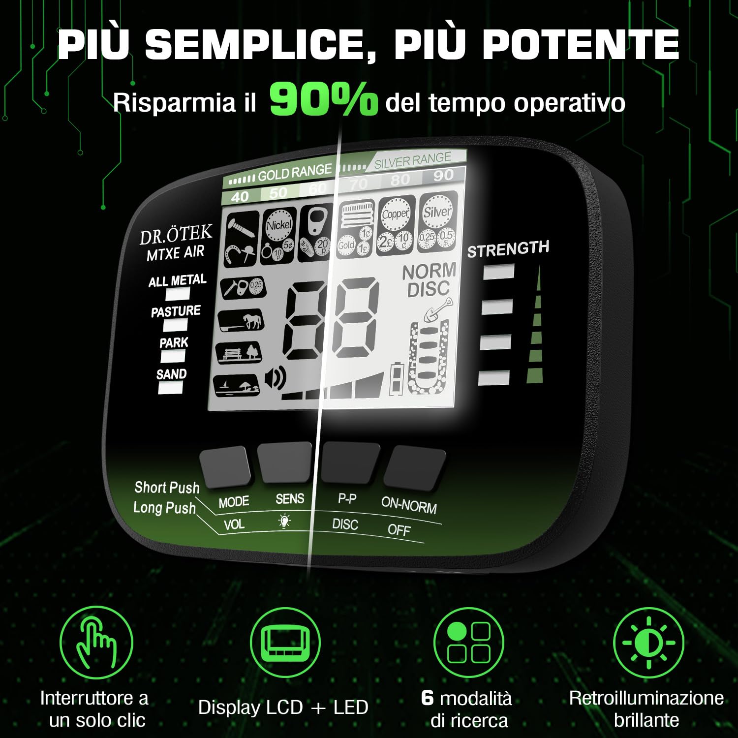DR.ÖTEK Metal Detector Professionali per Adulti e Bambini, Impermeabile per Oro con Pinpoint e Terreno, Abbinamento Rapido, 6 Modalità, Alta Precisione, Leggero e Facile da Usare,Verde
