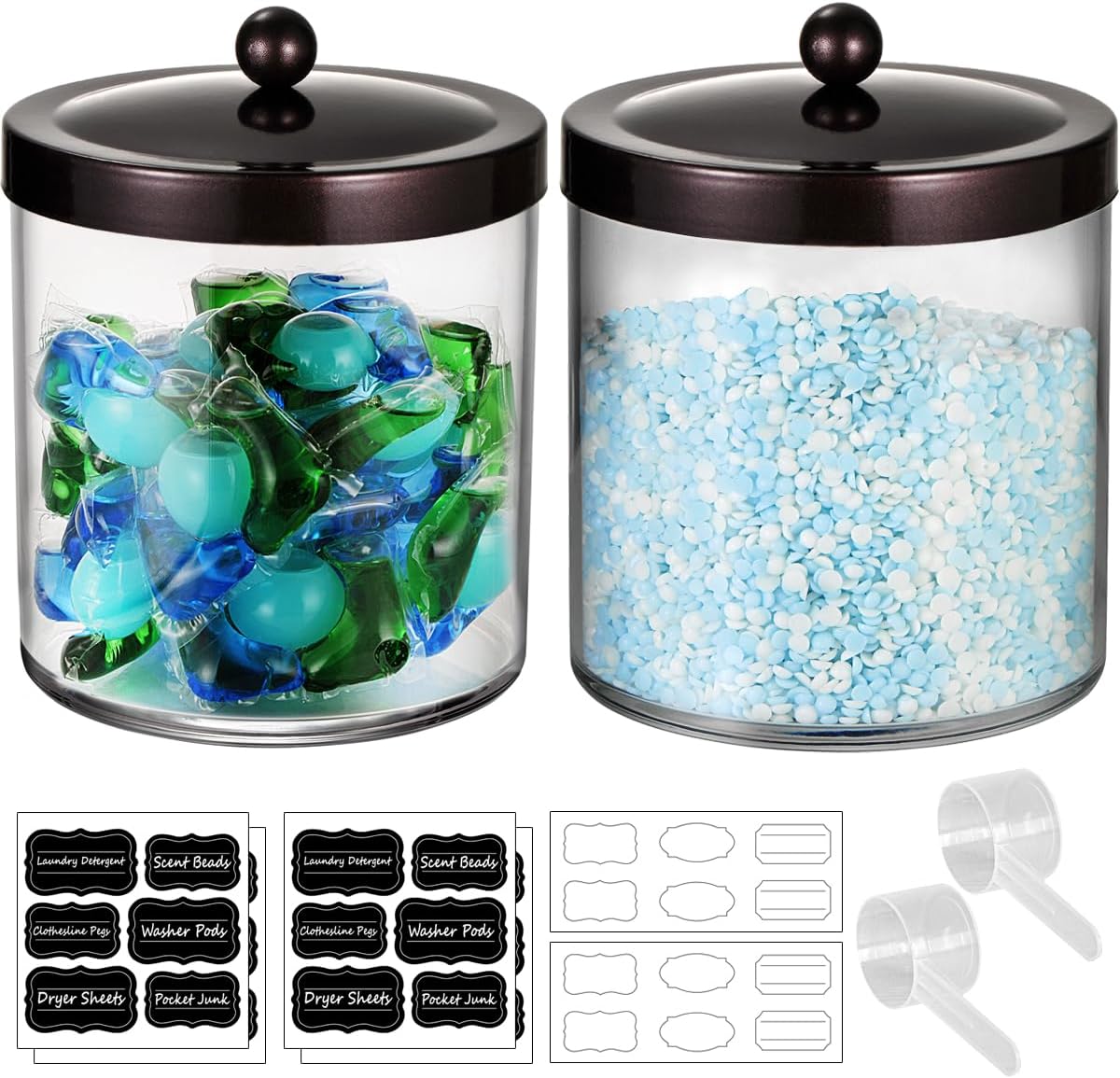 SheeChung 2 Pack 50oz Large Apothecary Jar with Bronze Rust-Proof Lid - Shatterproof Plastic Laundry Pods Container - Rustic Farmhouse Decor Storage Jar for Bathroom Vanity, Kitchen, & Scent Bead