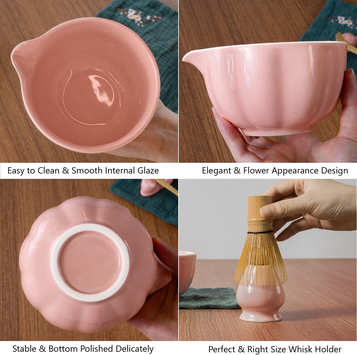 Pink Matcha Whisk Set, 7 Pcs Matcha Kit Includes Matcha Bowl with Spout, Bamboo Whisk, Chasen Holder, Sifter, Scoop and Rest, Tea Towel, Matcha Making Kit Tools for Family/Friend