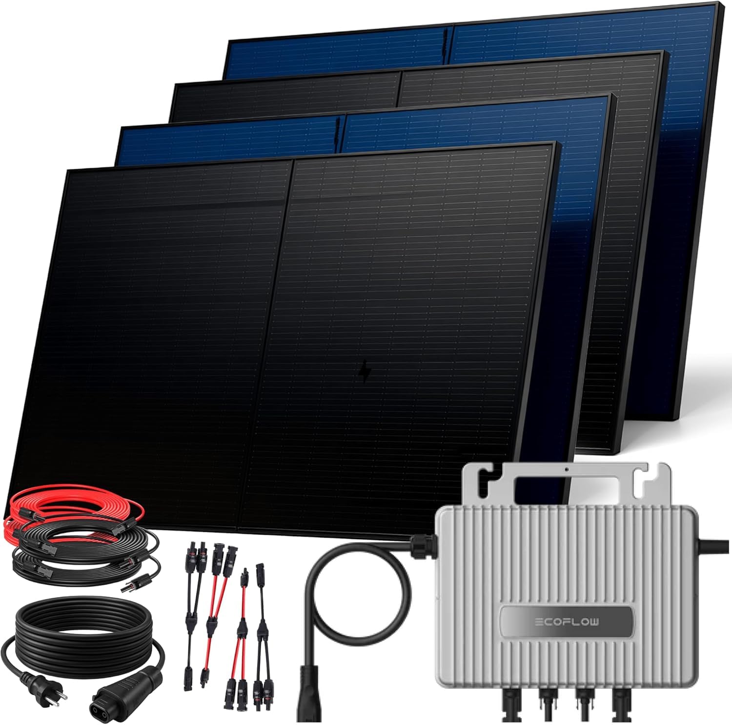 SUNNIVA® 2000W Balkonkraftwerk BIFAZIAL FULLBLACK komplett Steckdose ECOFLOW 800W Wechselrichter, PV Solaranlage, 4x 500W Glas Solarmodule, inkl. 5m Kabel, Bluetooth WIFI, Komplettset