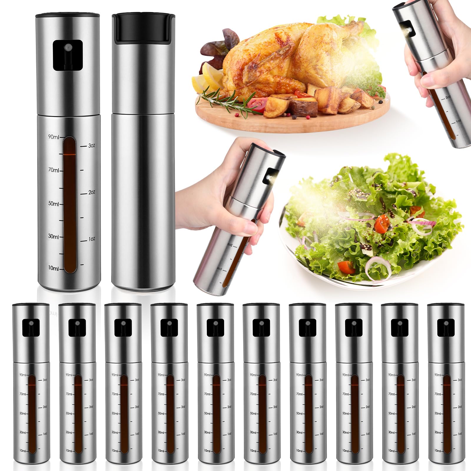 LemonRoad Ölsprüher zum Kochen, 100 ml Olivenöl-Sprühflasche, Edelstahl-Sprühflasche mit Trichter für Küche, Salat, Grill, Luftfritteuse, 12 Stück
