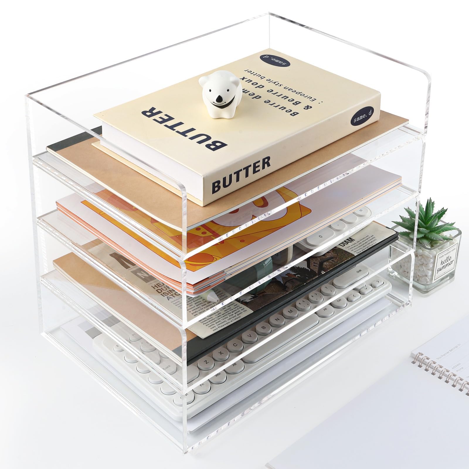 Portacorrispondenza a 4 ripiani in acrilico, organizer da scrivania trasparente, robusto portacorrispondenza impilabile, per ufficio, scuola, casa,Formato A4, Libri, Appunti