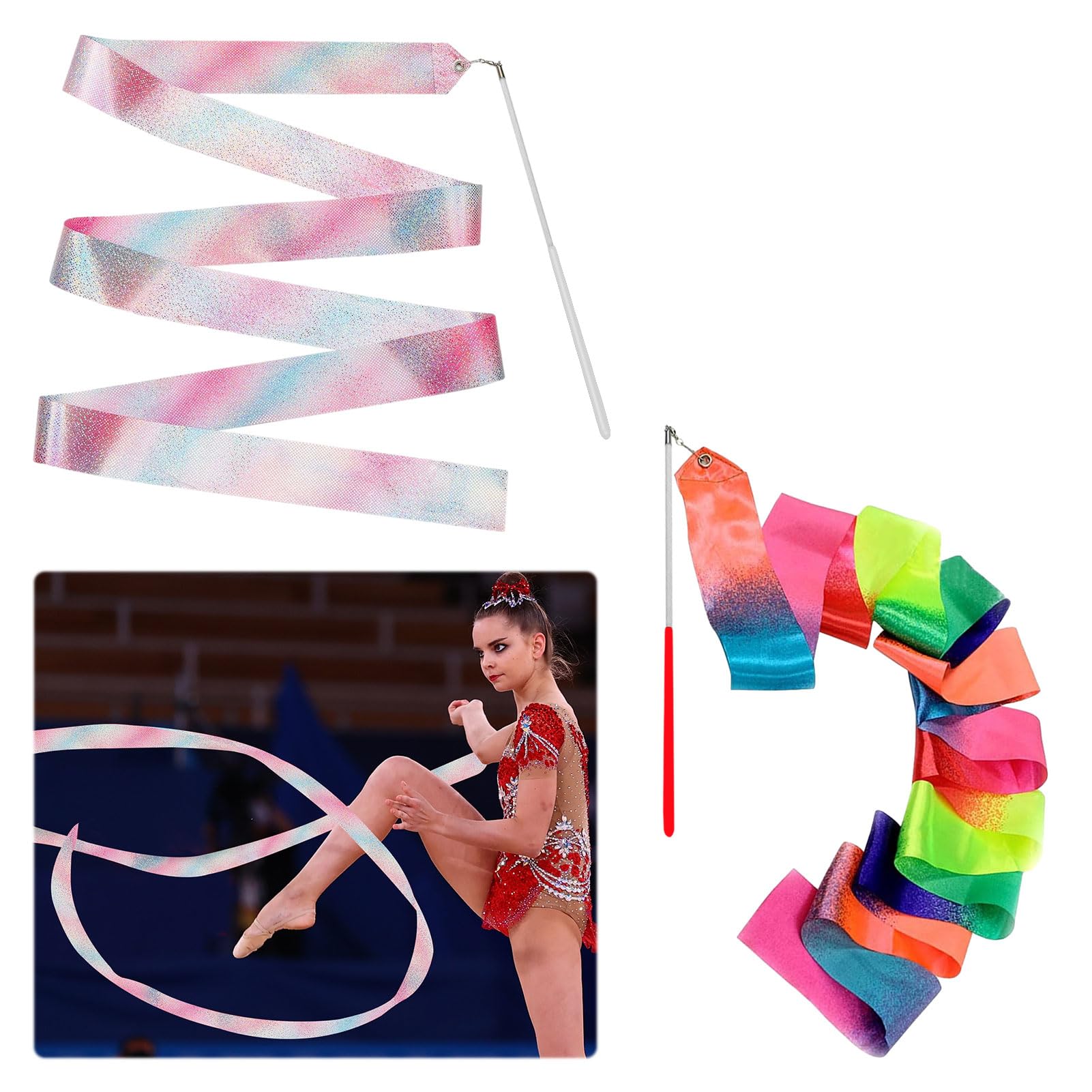 Gymnastics Ribbon,2PCS Rhythmic Dance Ribbons,78.7 Inch Kids Fitness Ribbon Dancer Wand Dancing Ribbon Streamers for Kids,Fits Artistic Dancing Gymnastics,Circus Carnival Shows,Baton Stick Twirling