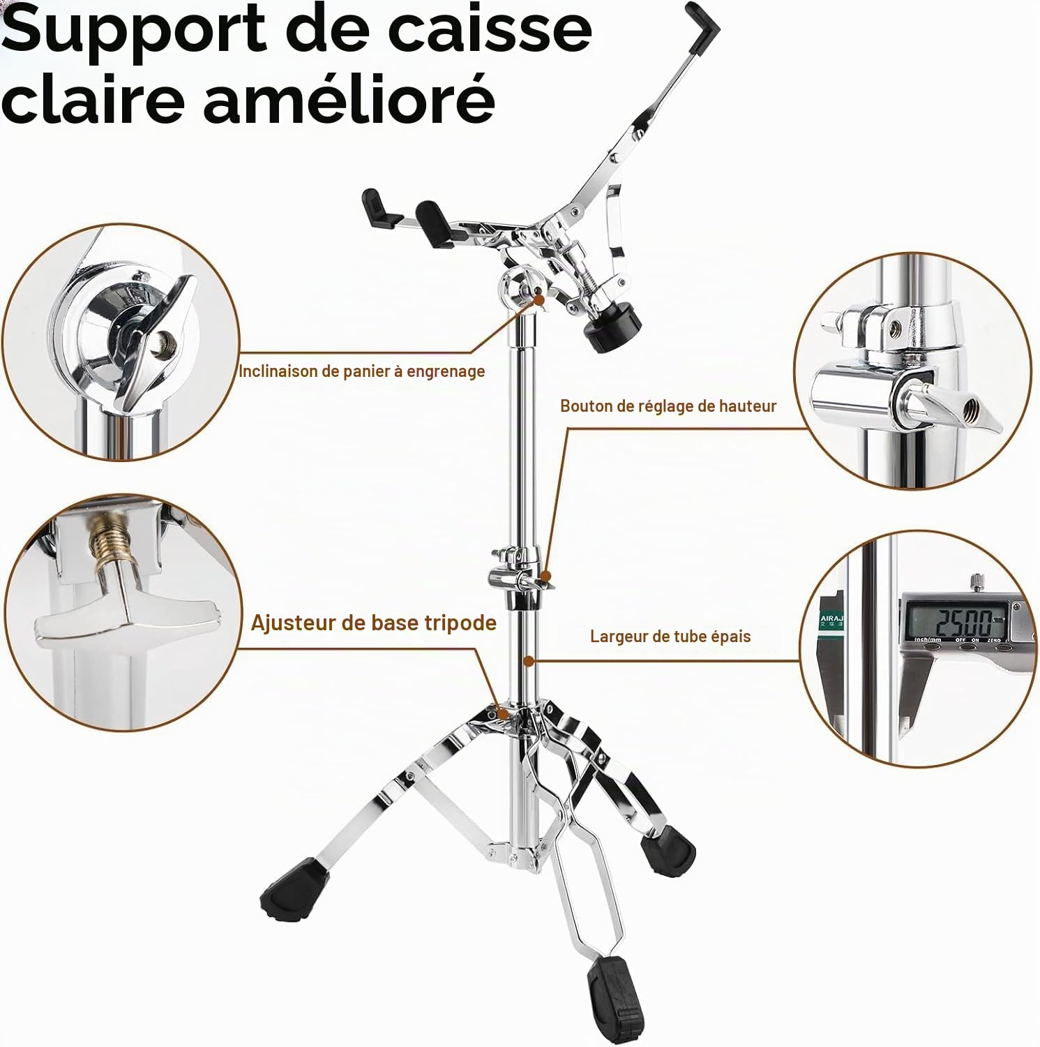 Vangoa Support Pour Caisse Claire Stand,Pied Caisse Pour Claires Léger À Hauteur Réglable De 41 À 60 Cm Avec Double Renfort Et Sac De Transport Pour De 10" À 15"