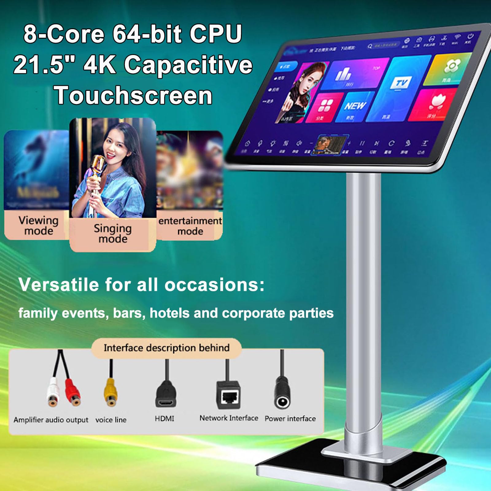 Sistema Karaoke all-in-One da 21,5 Pollici con 2 Microfoni Wireless, Doppio Sistema Android, WiFi, Elaborazione Audio Dsp, Controllo Vocale E App per Casa E Uso 8TB