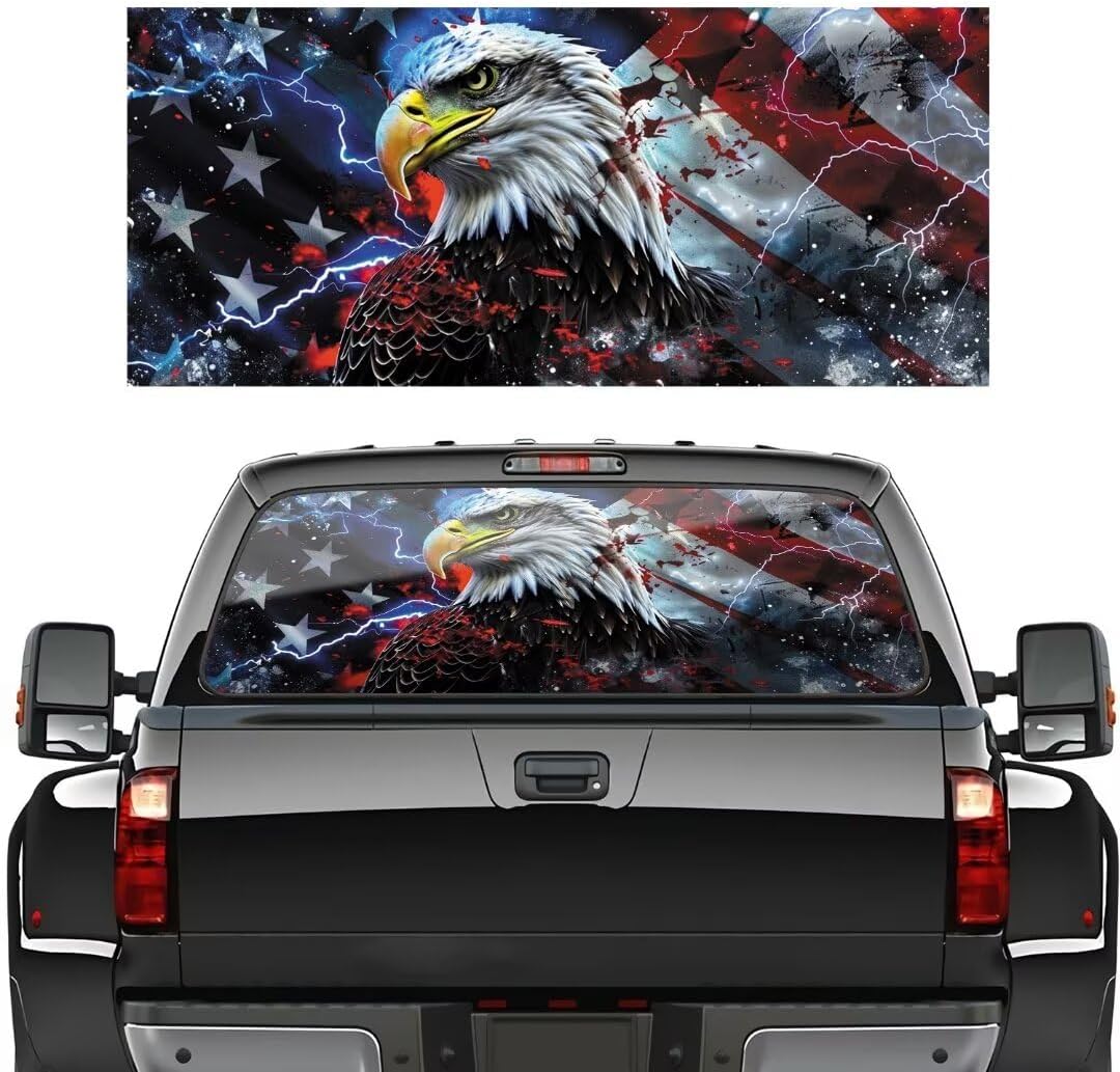 Lightning Eagle Rear Window Graphic Decal for Trucks SUV, Cars, Universal, Retro American Flag Perforated Vinyl Window Film Truck Back Window Decals Sticker for Pickup - 53"W x 14"H