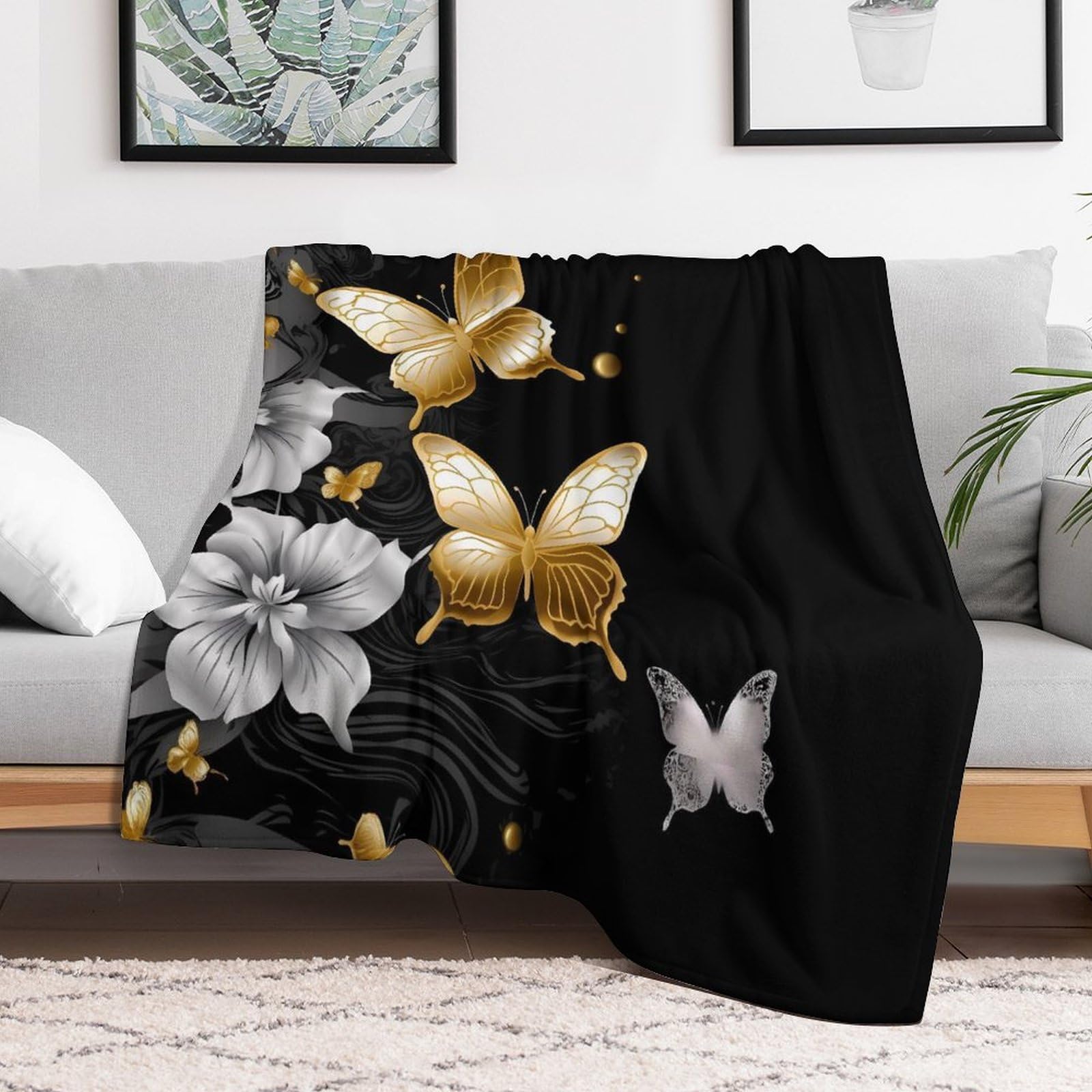 Couverture en micro polaire papillons blancs dorés et noirs plaid canapé taille S