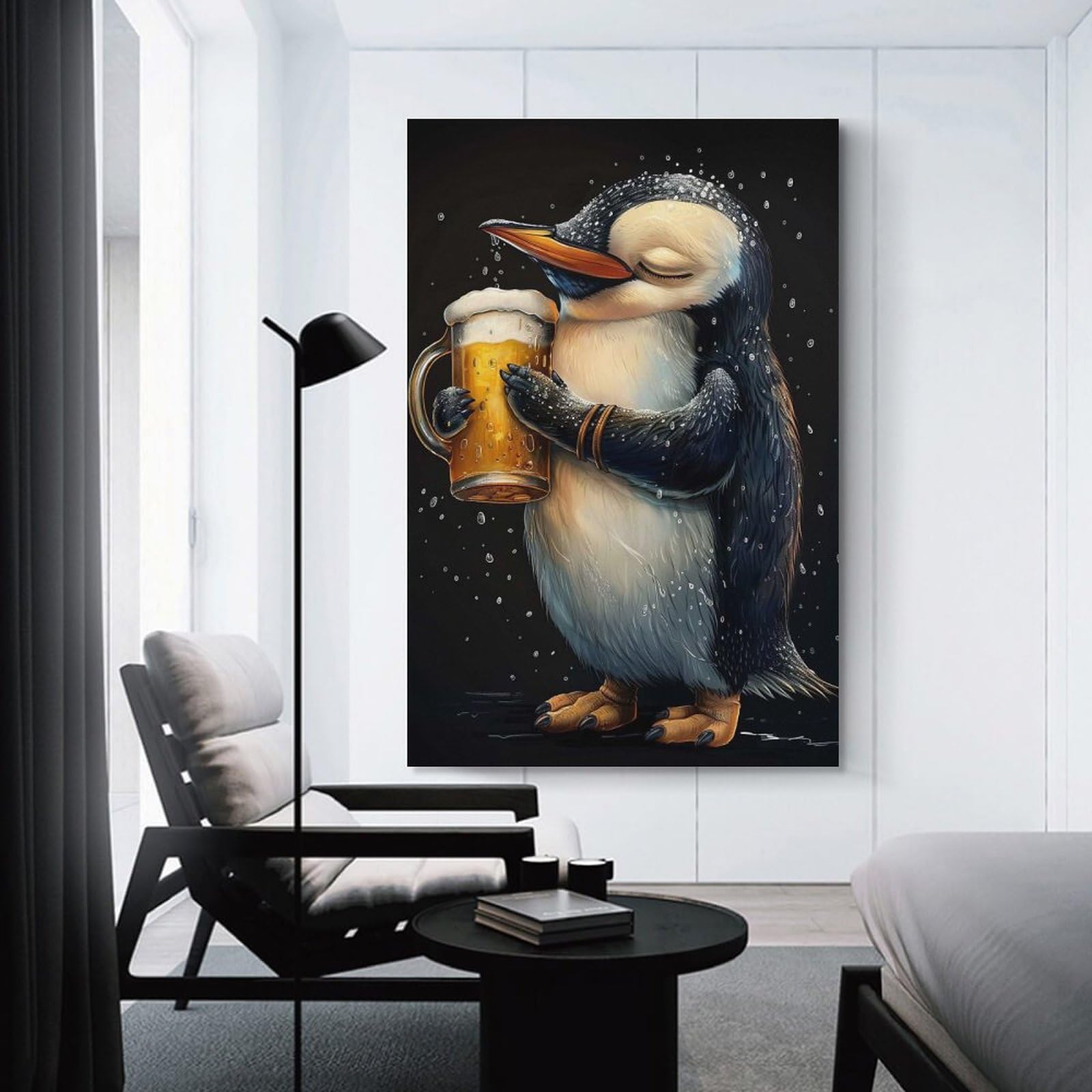 Junmoney Canvas Art Print Penguin Beer, 20x30inch(50x75cm), for Office, Study Or Home Workspace, Home Office Artwork with Decorative Appeal