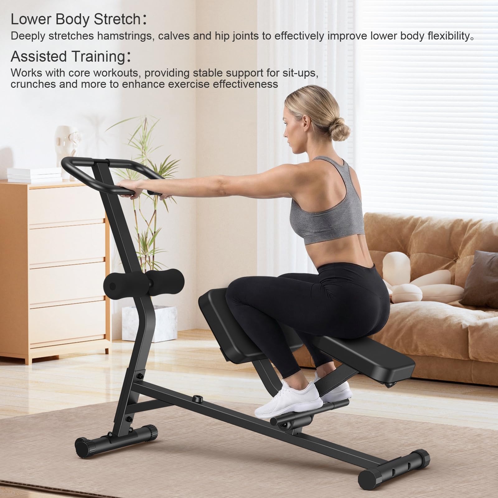 Máquina de estiramiento de cuerpo completo con asiento acolchado, múltiples posiciones de agarre de mango, para entrenamiento de núcleo, parte inferior del cuerpo y flexibilidad
