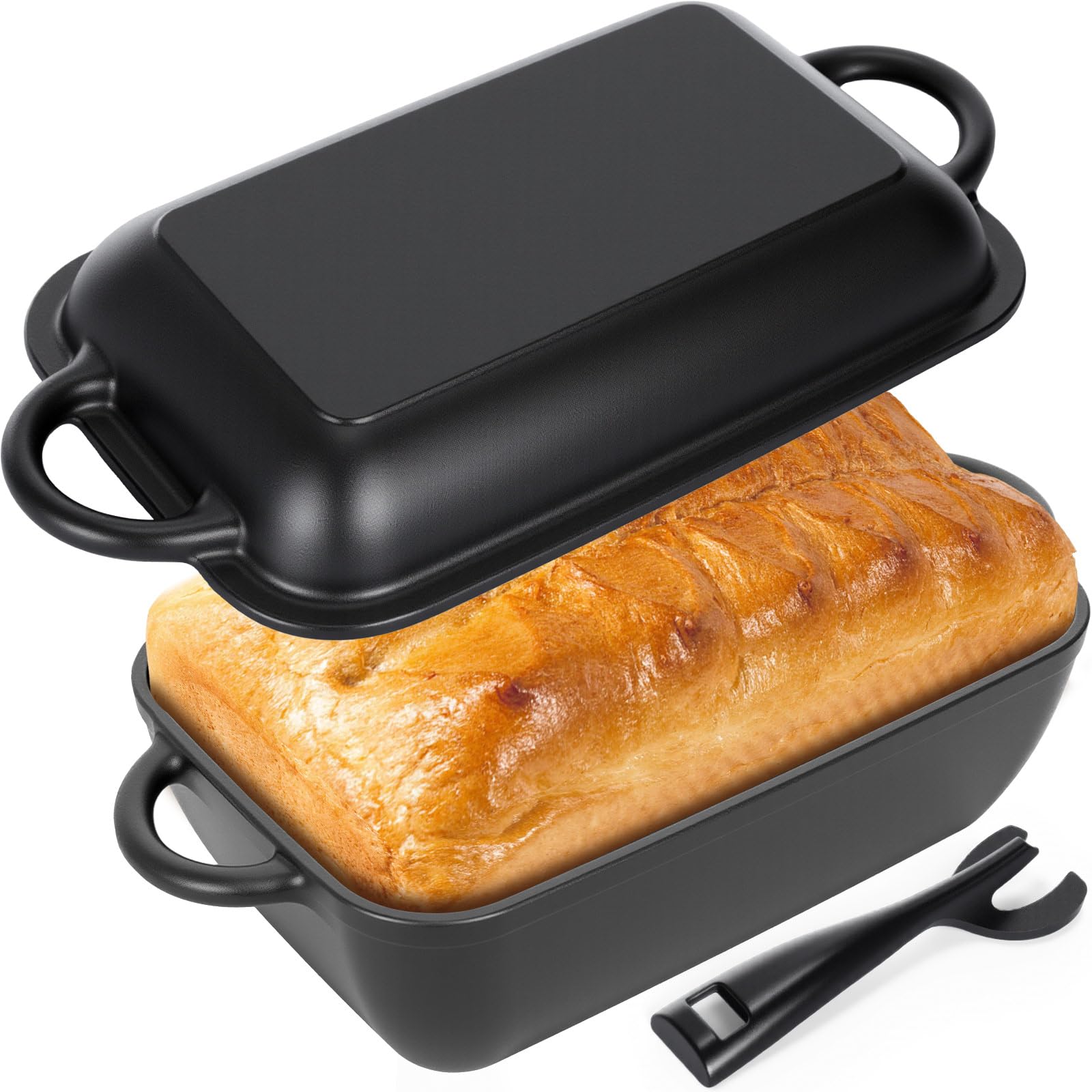 Maxdot 2-in-1 Gusseisen-Brotpfanne mit Deckel, 5,7 qt, antihaftbeschichtet, Kastenformen mit Doppelgriffen, Deckelhebel, Ofen für Sauerteigbrot, Backen Braten zum Backen von Brot, Kochen und Braten