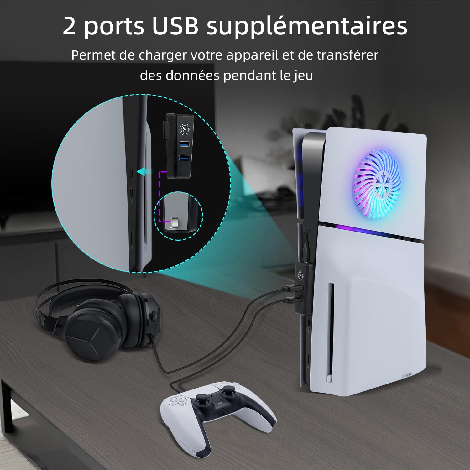 Mcbazel LED RGB Strip avec Trou de Refroidissement, Plaque Frontale de Remplacement, 2 Ports USB Hub, Accessoires de Jeu pour PS5 Slim Disc/Digital Edition – Blanc.(Non pour PS5/PS5 Pro)