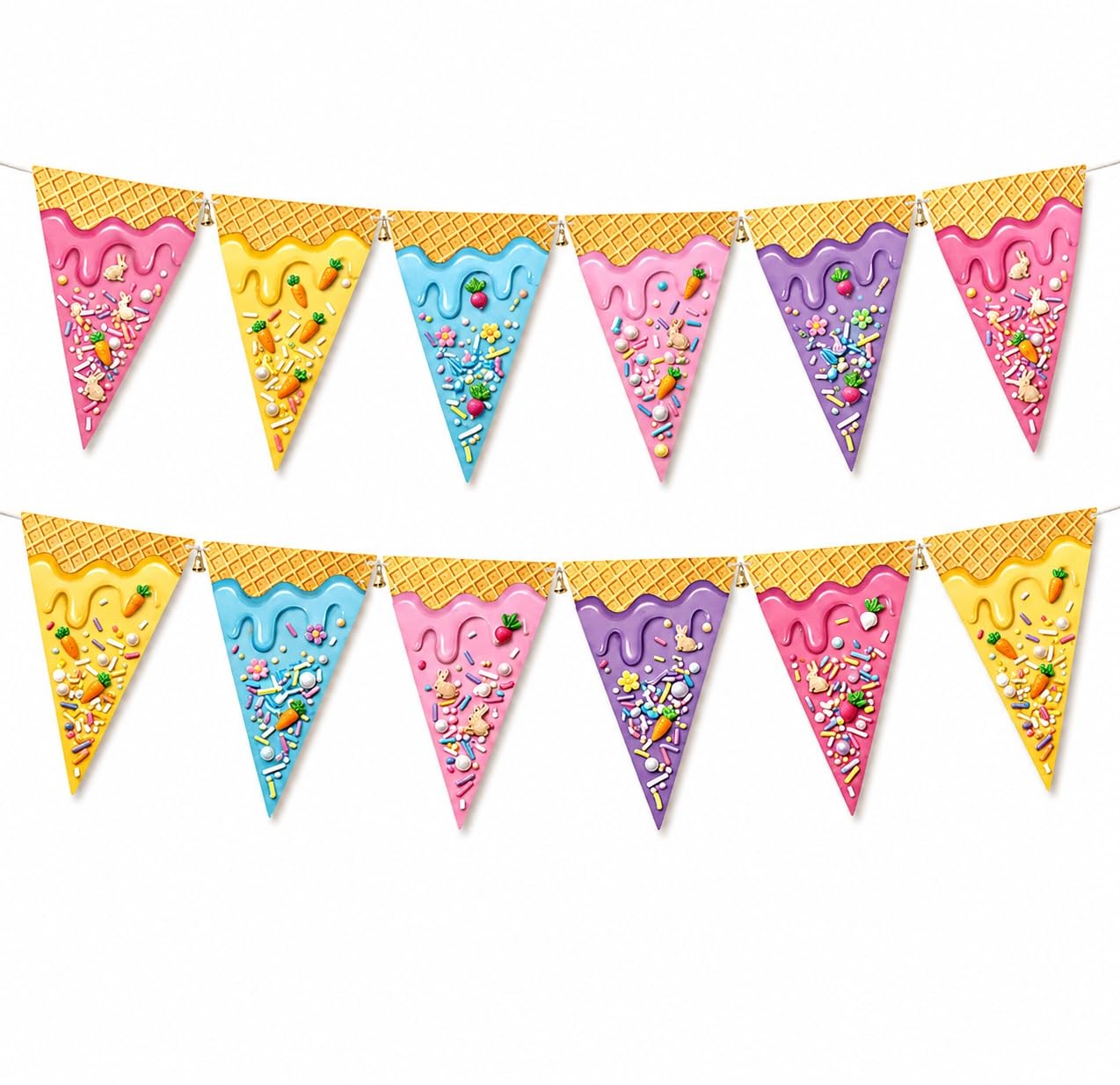 Ice Cream Cone Pennant Bunting Banner, 14 Flags, Cardstock, 12x18 cm, Pre-Strung, 5 Metre Ribbon, Party Decoration