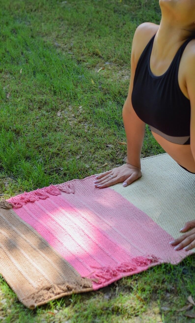 Tapis de yoga indien fait à la main - 100 % coton bio - Tapis de yoga antidérapant et épais - Tapis de yoga pliable pour le fitness quotidien à la maison - Confortable et extra long - Dimensions : 61