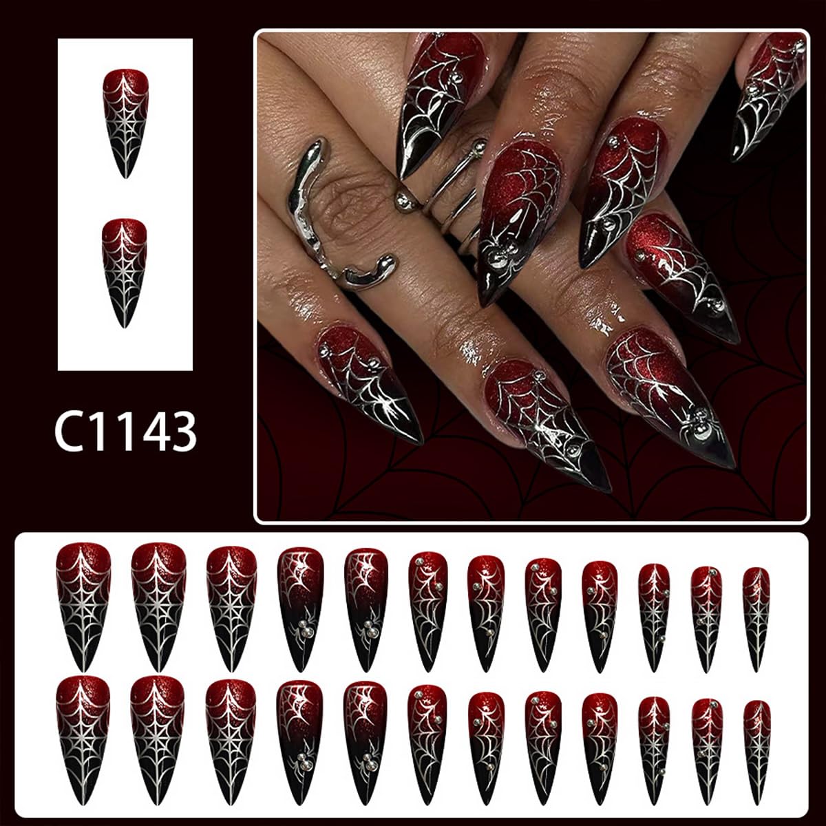 Condition photo showing New/Like New for 24Pcs Halloween Red Press on Nails Long Almond French Tip Fake Nails with Silver Gilding Spider Web Pearl Design Full Cover Artificial Glue on Nails Handmade Stick on Nails Cute False Nails for Women