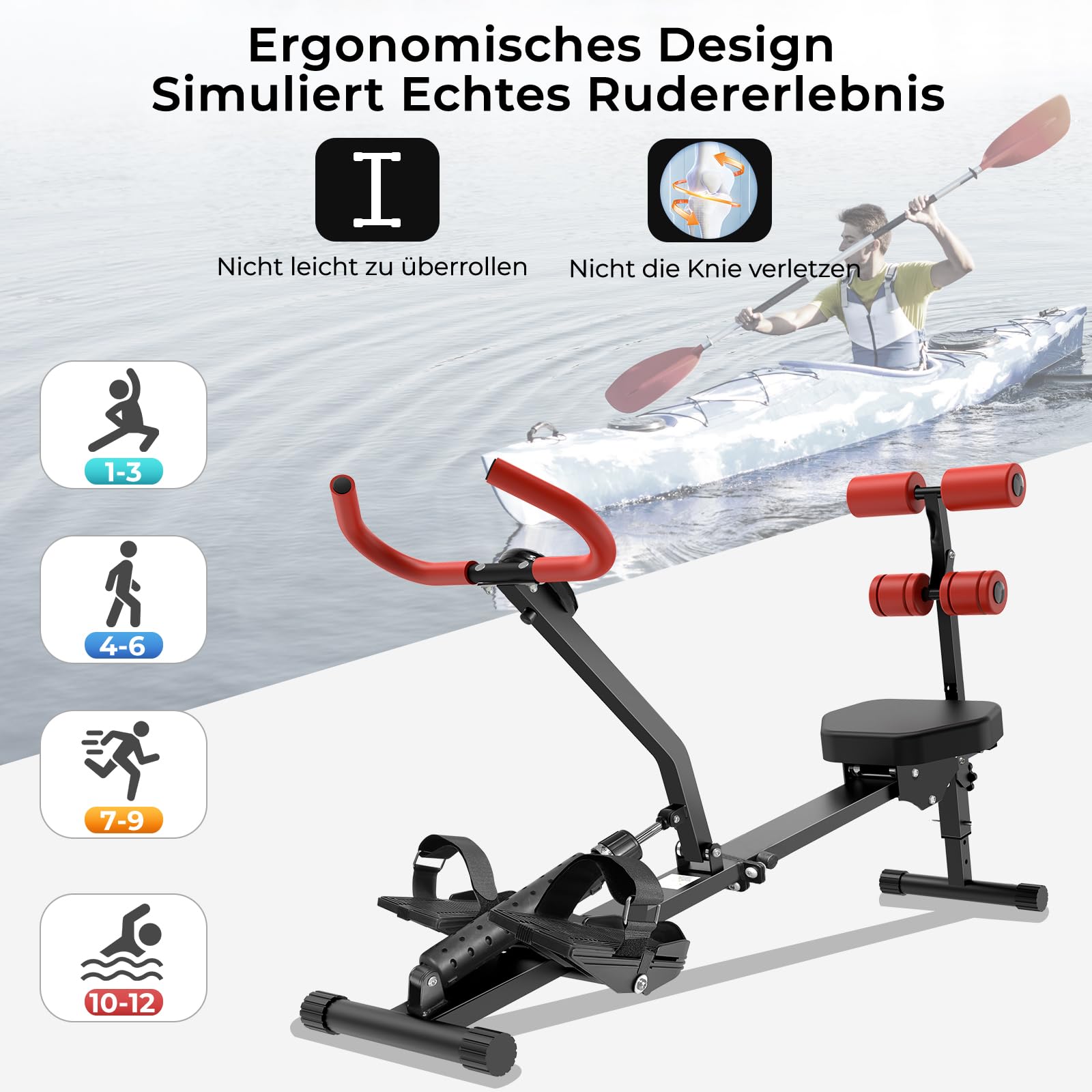 Rudergerät für Zuhause, Micyox Hydraulisches Fitness-Rudergerät mit 12 Widerstandsstufen, Multifunktionaler Rückenlehne, Micyox Heimtrainer Fahrrad Klappbar mit LCD-Display