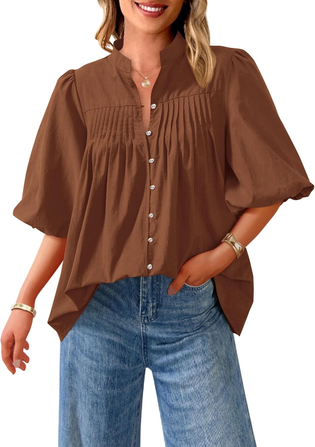 PRETTYGARDEN Women's 2025 Summer Short Lantern Sleeve Tops Loose Fit Button Down Shirt Pleated V Neck Blouses Trendy Clothes