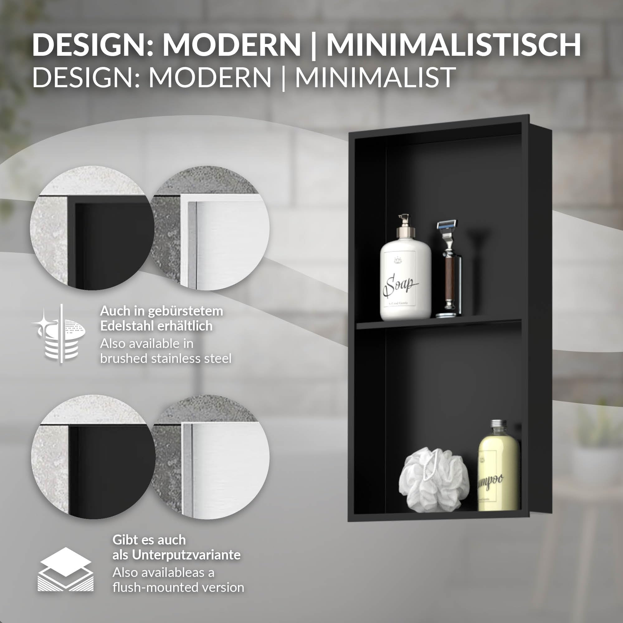 LuxeBath Nicho de Ducha Acero Inoxidable 30x60x10 cm cm Negro Marco de Pared Doble Empotrado Alicatable Estante Integrado Instalación Flexible para Almacenamiento Organizador de Utensilios para Baño