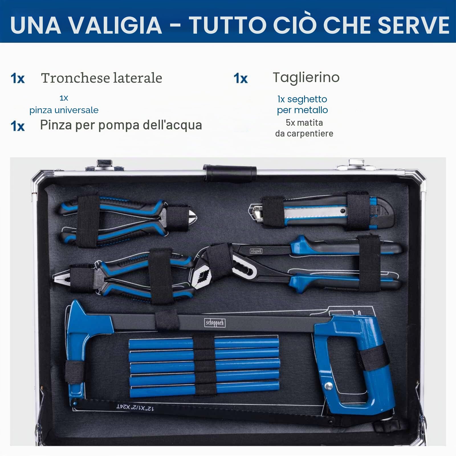 Scheppach TB200 Cassetta degli attrezzi in alluminio riempita, set di 141 pezzi | Cassetta degli attrezzi dotata di chiave a cricchetto, martello, pinza, cacciavite, cassetta degli attrezzi per