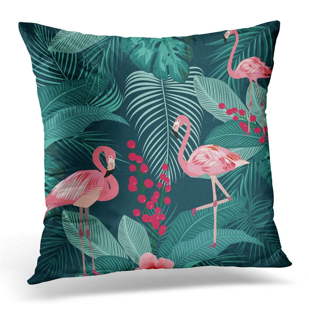 Awowee Color 13 Cushion Cover 40X40cm/16X16inches Green Of Flamingo Leaves Monstera Tropical Palm Tree Home Decor Throw Pillow Cover Square Pillowcase For Bed Sofa