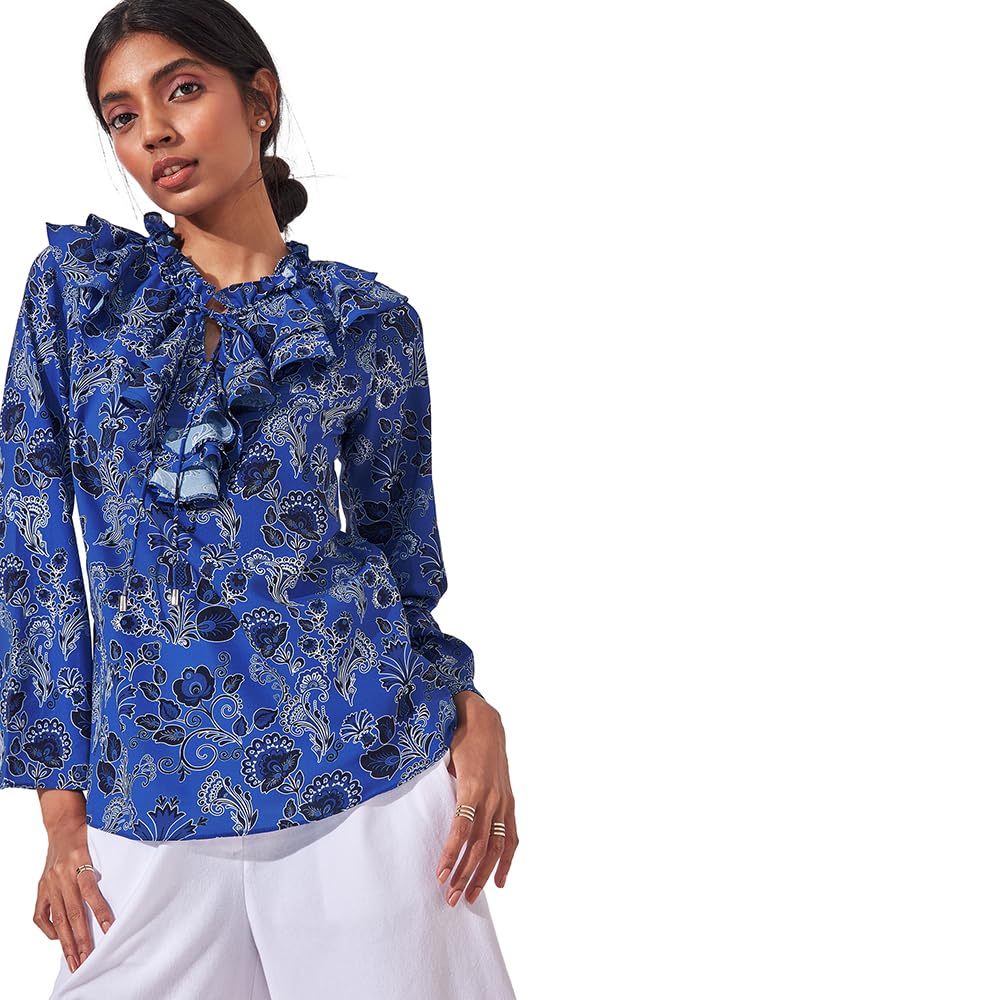 The Label Life Women Lapis Floral Ruffle Neck Top