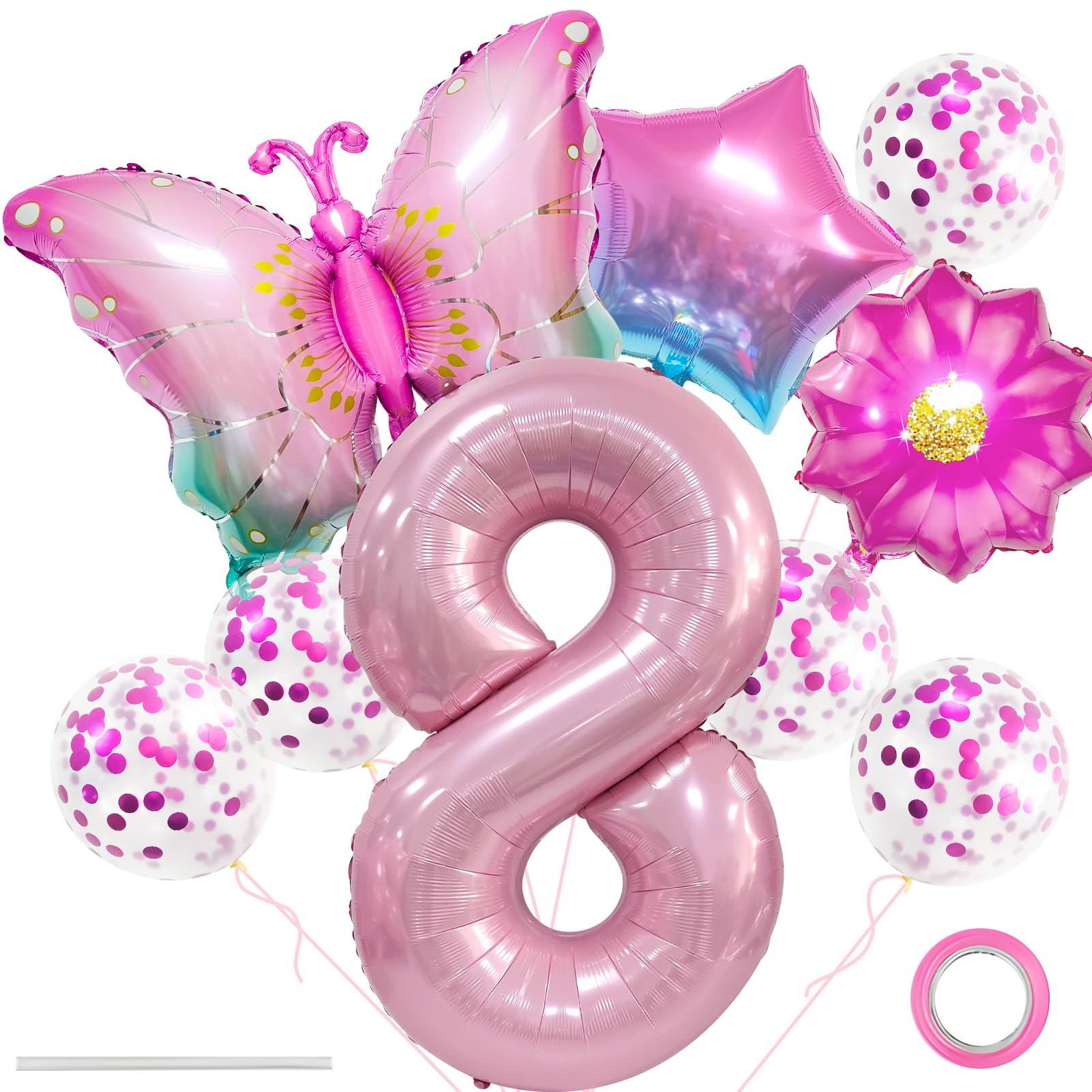 Butterfly Balloons 8st Birthday Decorations Colorful Gradient Pink Butterfly Foil Mylar Balloon Balloon Set 32-inch Digital Daisy Sequin Birthday