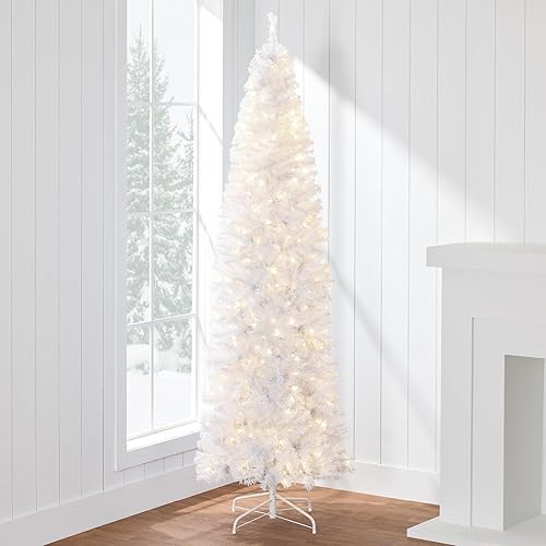 Best Choice Products Árbol de Navidad blanco preiluminado de 6 pies, decoración artificial con bisagras delgadas con 250 luces incandescentes, 608