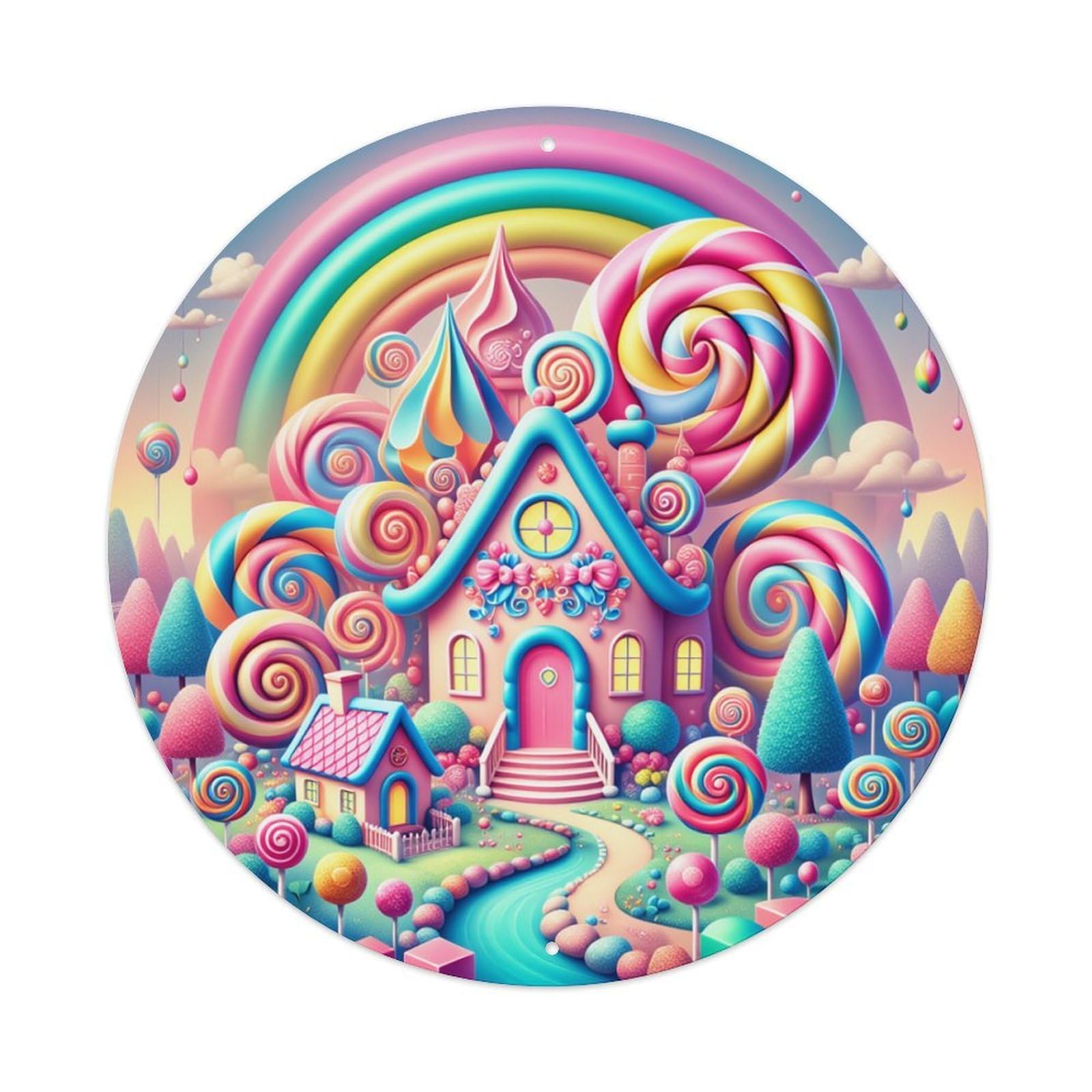 Candy House Rainbow Lollipop Forest Round Tin Sign Retro Metal Sign for Cafe Bar Pub Home Game Room Gym Club Wall Decoration Vintage Metal Poster 8x8 Inch