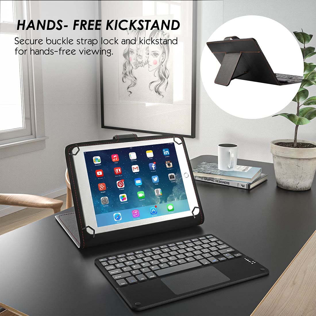 Eoso TouchPad Keyboard case for 9", 10",10.1",10.5" Tablets,2-in-1 Bluetooth Wireless Keyboard with Touchpad & Leather Folio Cover(Black)